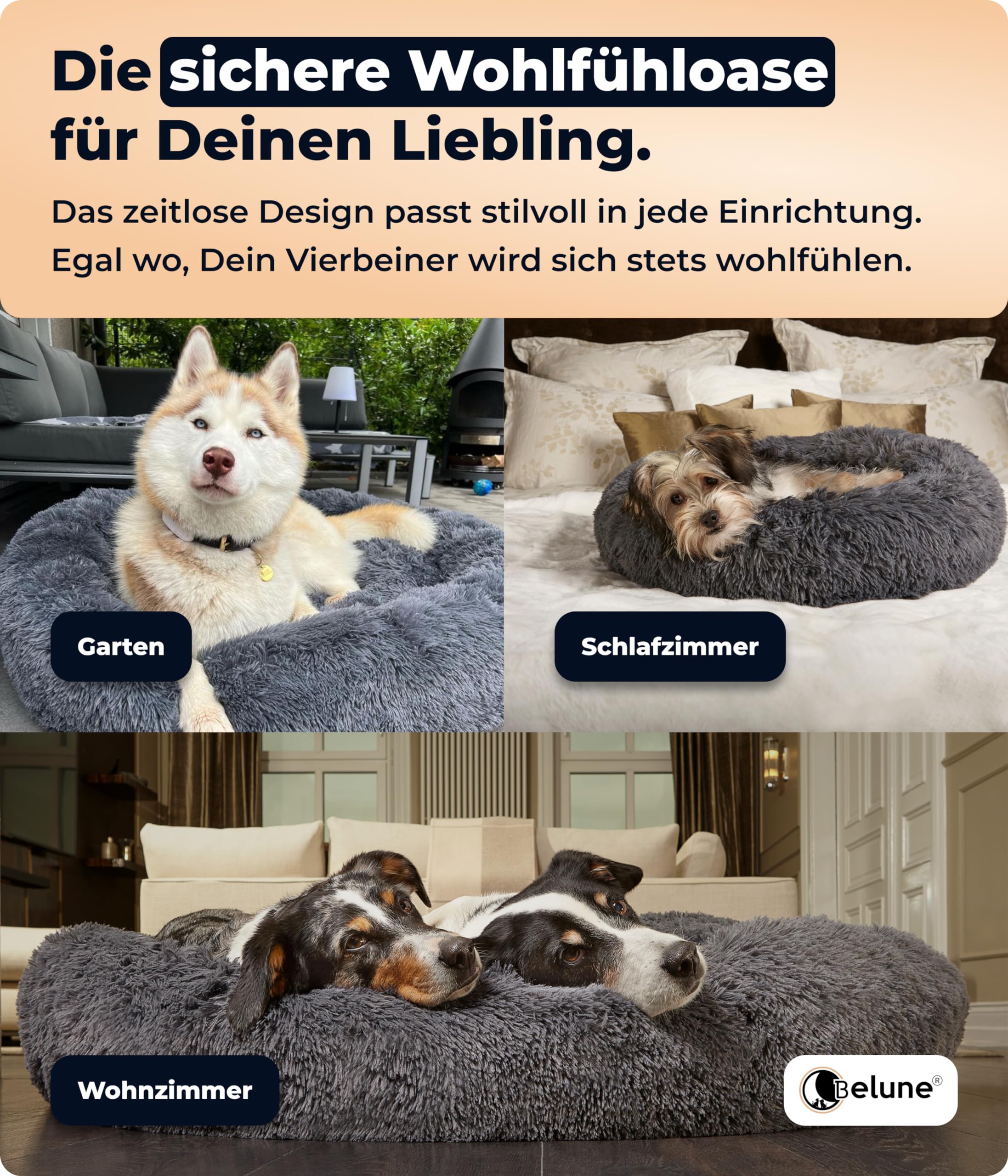 Belune® Hundebett [mit waschbarem Bezug] - Das Original - [M, 80cm, Dunkelgrau] Hundekorb, Katzenbett, Hundekörbchen, Dog Bed, Flauschiges Hundebett für große, mittelgroße & kleine Hunde