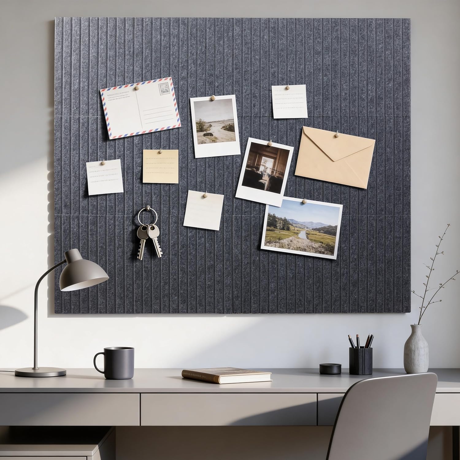 Large Cork Board Alternative 48" x 36" with Push PINS & Wall Safe Adhesive Tabs – Push pin Board for Walls in Home or Office, Felt Bulletin Board Tiles, Versatile Felt Board Layout, Smoky Grey