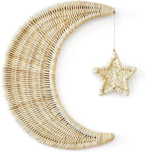 BEBE BASK Handmade Rattan Moon Wall Décor with Star - Moon Decor - 100% Natural Organic Rattan Moon Decor for The Boho Nursery Décor - Moon and Stars Nursery Décor - Stars and Moon Nursery Décor