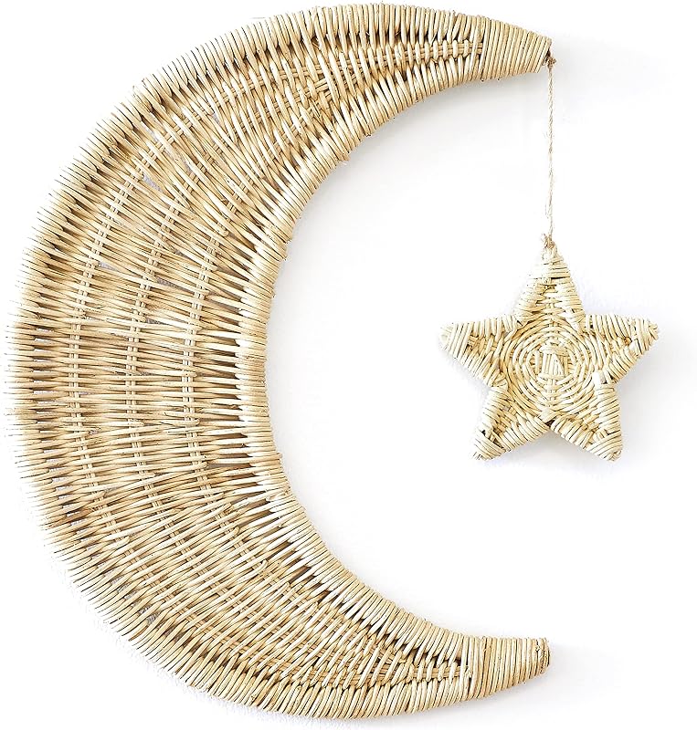 BEBE BASK Handmade Rattan Moon Wall Decor with Star | 100% Natural Organic Rattan Moon Decor, Boho Nursery Decor, Moon and Stars Nursery Décor