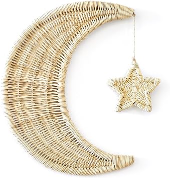 BEBE BASK Handmade Rattan Moon Wall Decor with Star | 100% Natural Organic Rattan Moon Decor, Boho Nursery Decor, Moon and Stars Nursery Decor