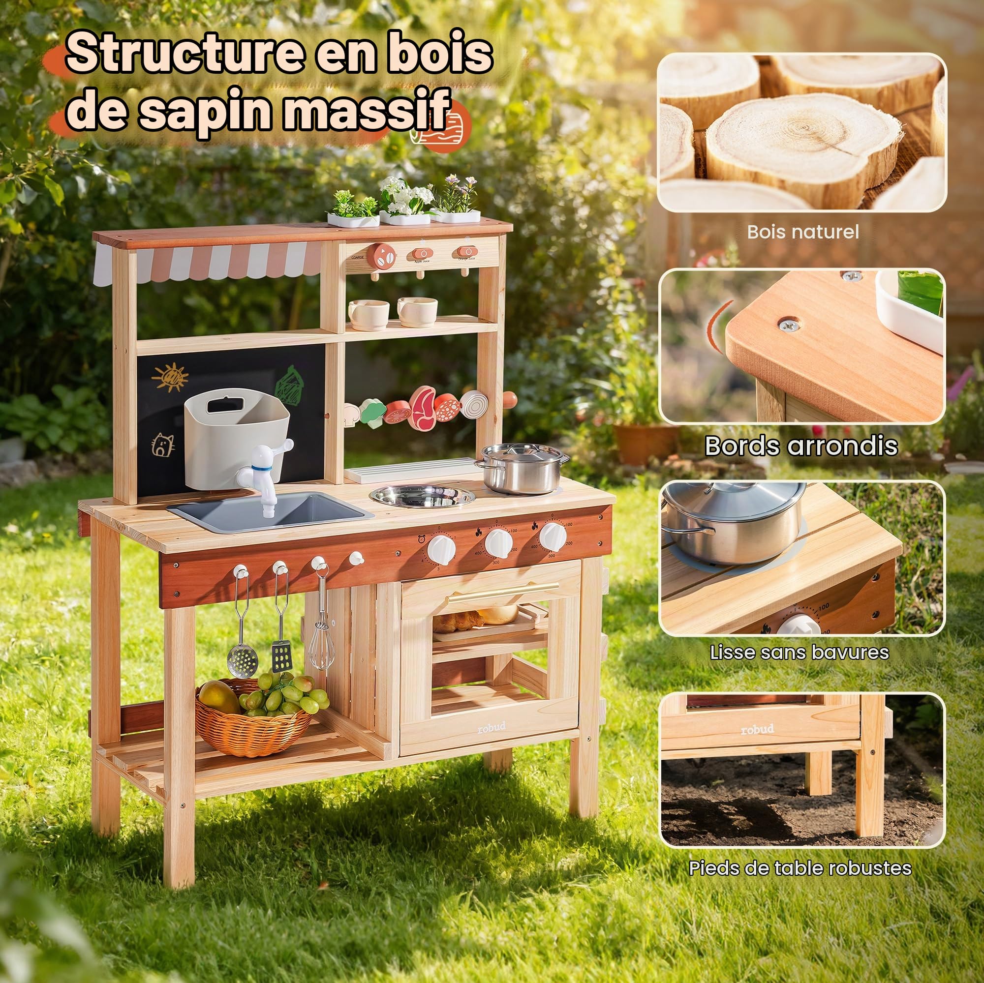 ROBUD Cuisine en Bois pour Enfants, Cuisine d'extérieur avec véritable évier, cafetière, Barbecue, Four et Tableau Noir, Jouet de Cuisine pour Jeux de rôle avec Accessoires, pour garçons et Filles 3+