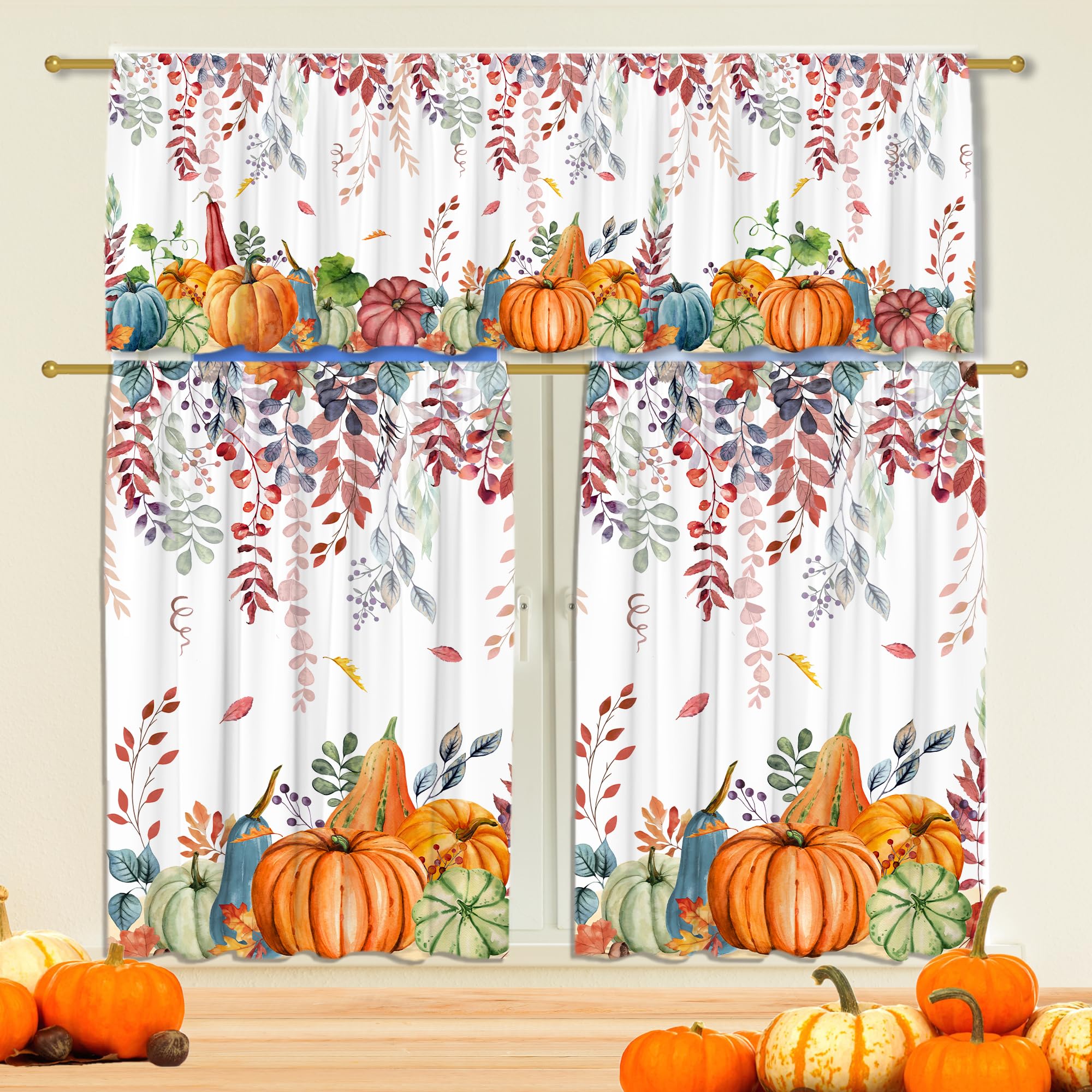 Fall Kitchen Curtains 3-Piece Set With Gnomes & Pumpkins - 54x36 Inch Tiered Valance