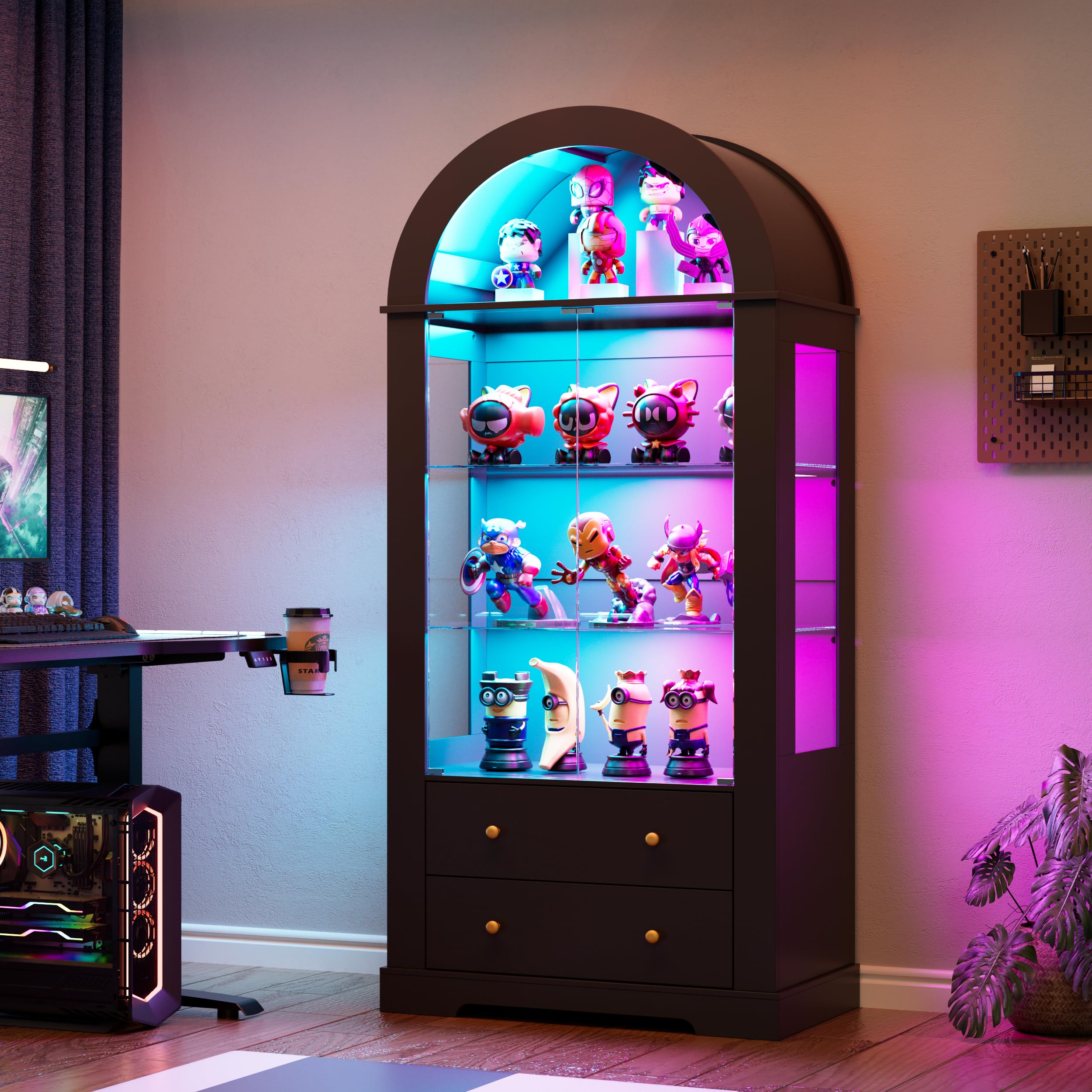 MSFE Vitrine en Verre avec LED,Armoire Vitrine Cintrée avec Éclairage Dynamique,2 Portes vitrées et 2 Tiroirs,Vitrine sur Pied pour Salon,Chambre,Figurines,Maquettes,Trophées,80x40x185cm