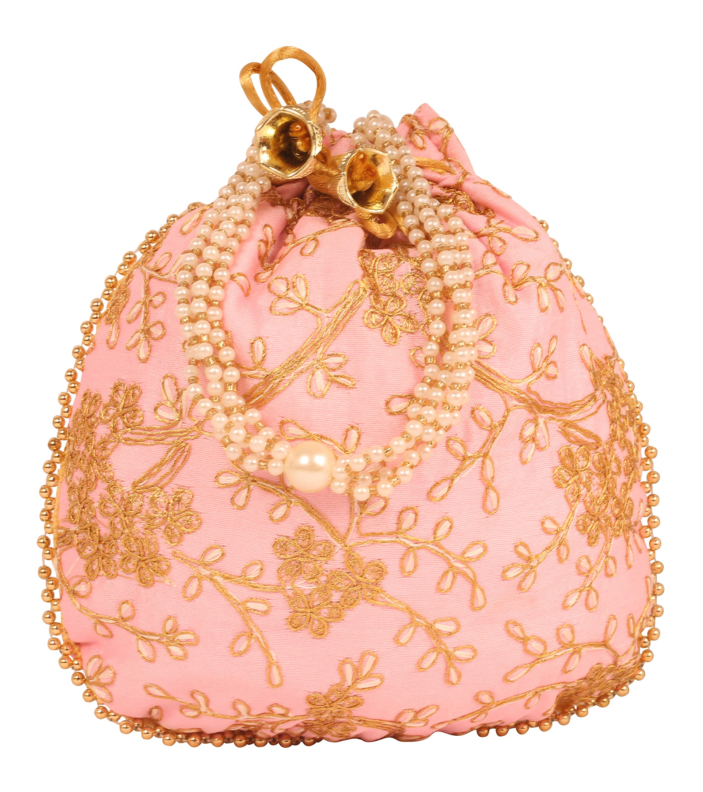 INDTRESOR beaded hand embroidered evening purse handbag vintage party wedding gift for women. Light Pink gold pearl