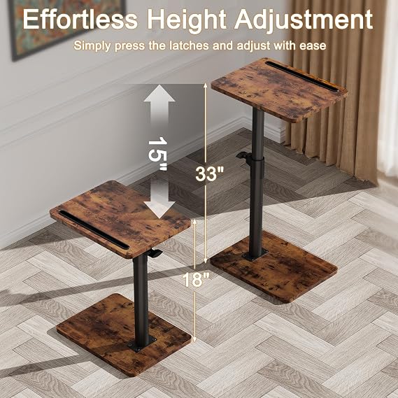 YUHFERA Couch Side Table - 360°Swivel Height Adjustable End Table,Sofa Armrest Tray Table,Snack Side Table for Bed or Chair with Phone & Tablet Slot (Vintage,Standard)