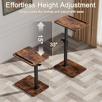YUHFERA Couch Side Table - 360°Swivel Height Adjustable End Table,Sofa Armrest Tray Table,Snack Side Table for Bed or Chair with Phone & Tablet Slot (Vintage,Standard)