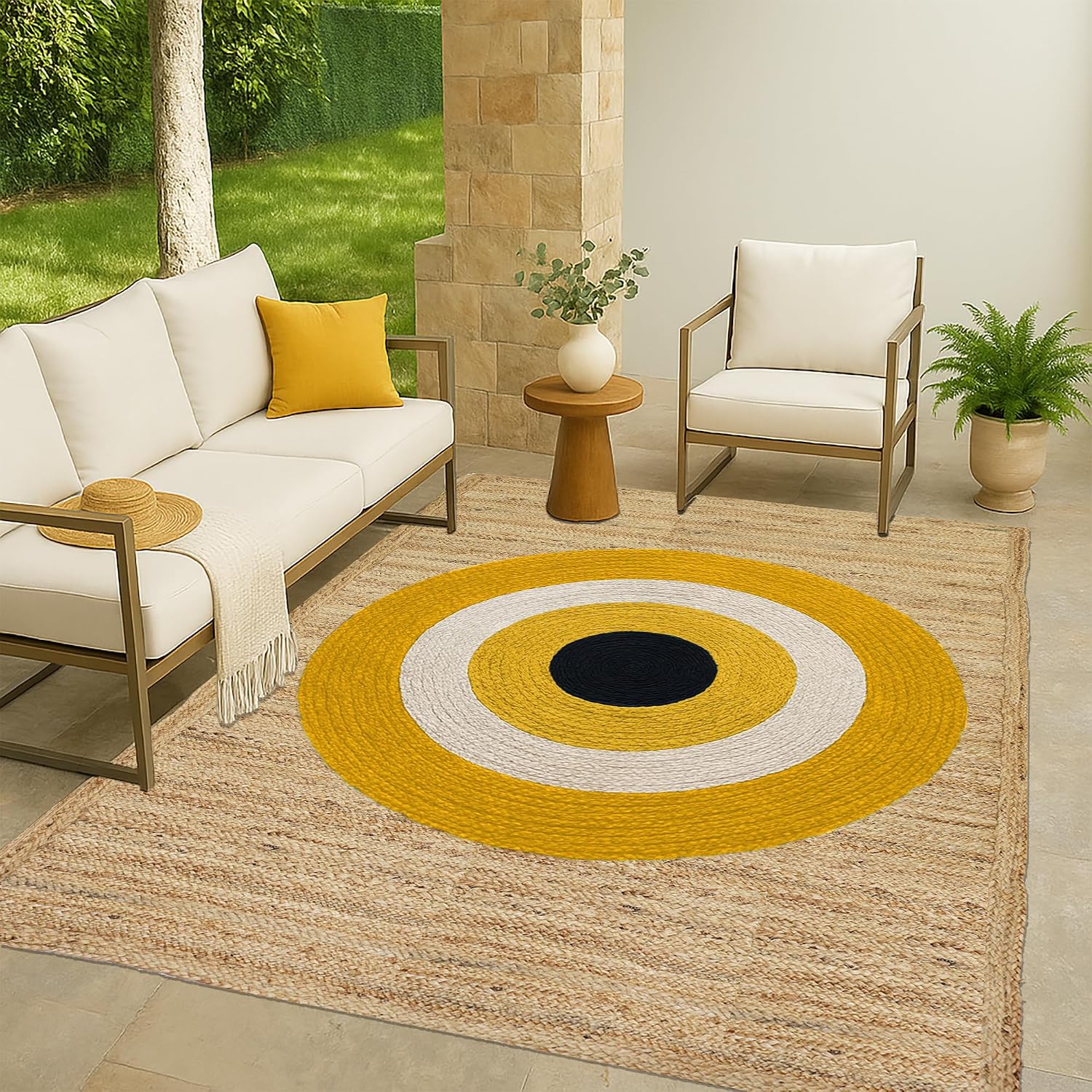 Heavy Material Handmade Jute Area Rug Natural Jute Kilim Rug 12x15 Thick 0.27" Geometric Yellow & Beige Evil Eye Rugs for Kids Room Bedroom Dining Table Farmhouse Decor Carpet