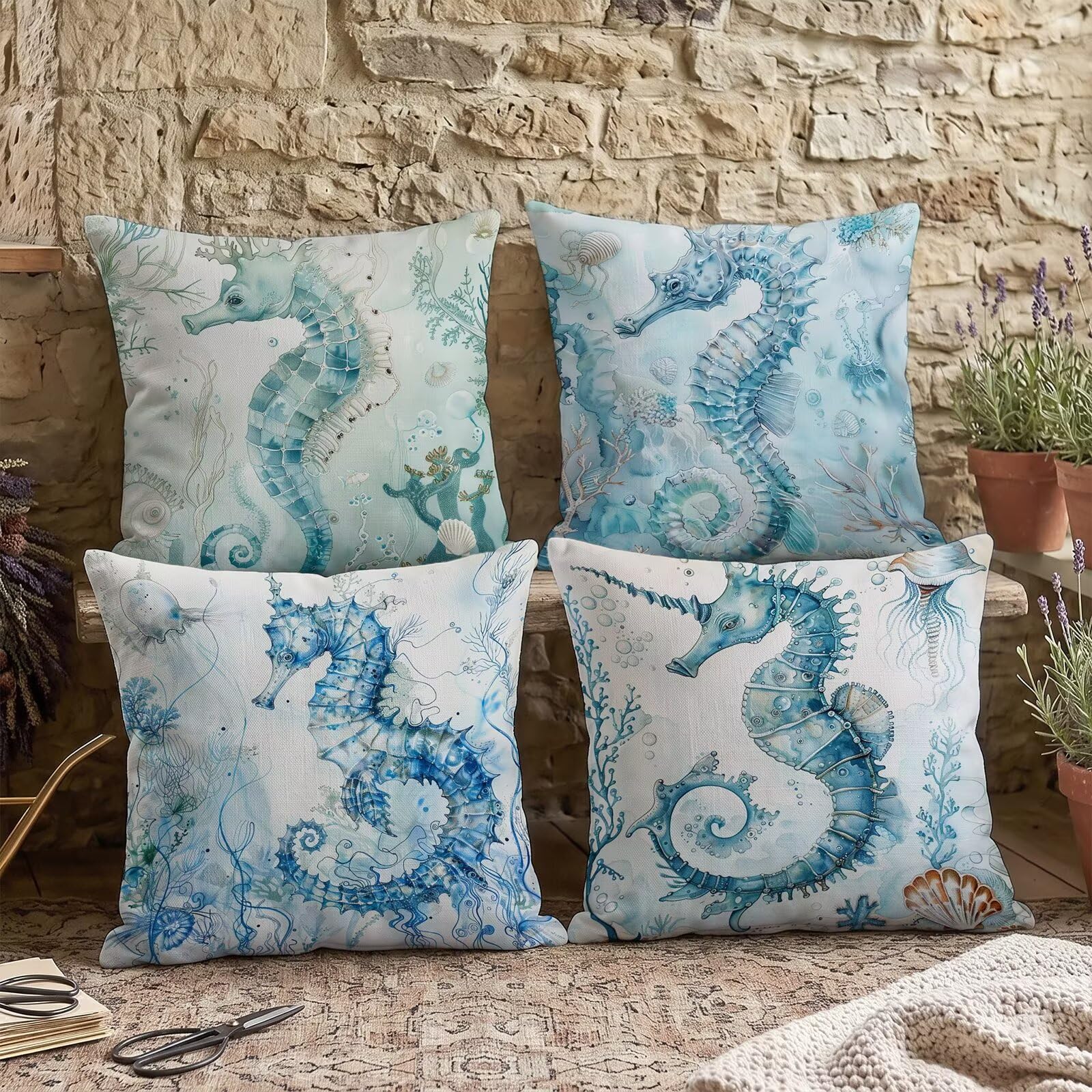 Federe Cuscini Divano 60x60cm Set di 4 Stampa Fronte-Retro Oceano Haima in Lino Copricuscini, Cuscini da Esterno Impermeabili per Soggiorno Camera da Letto Giardino & Arredamento Casa C-O162