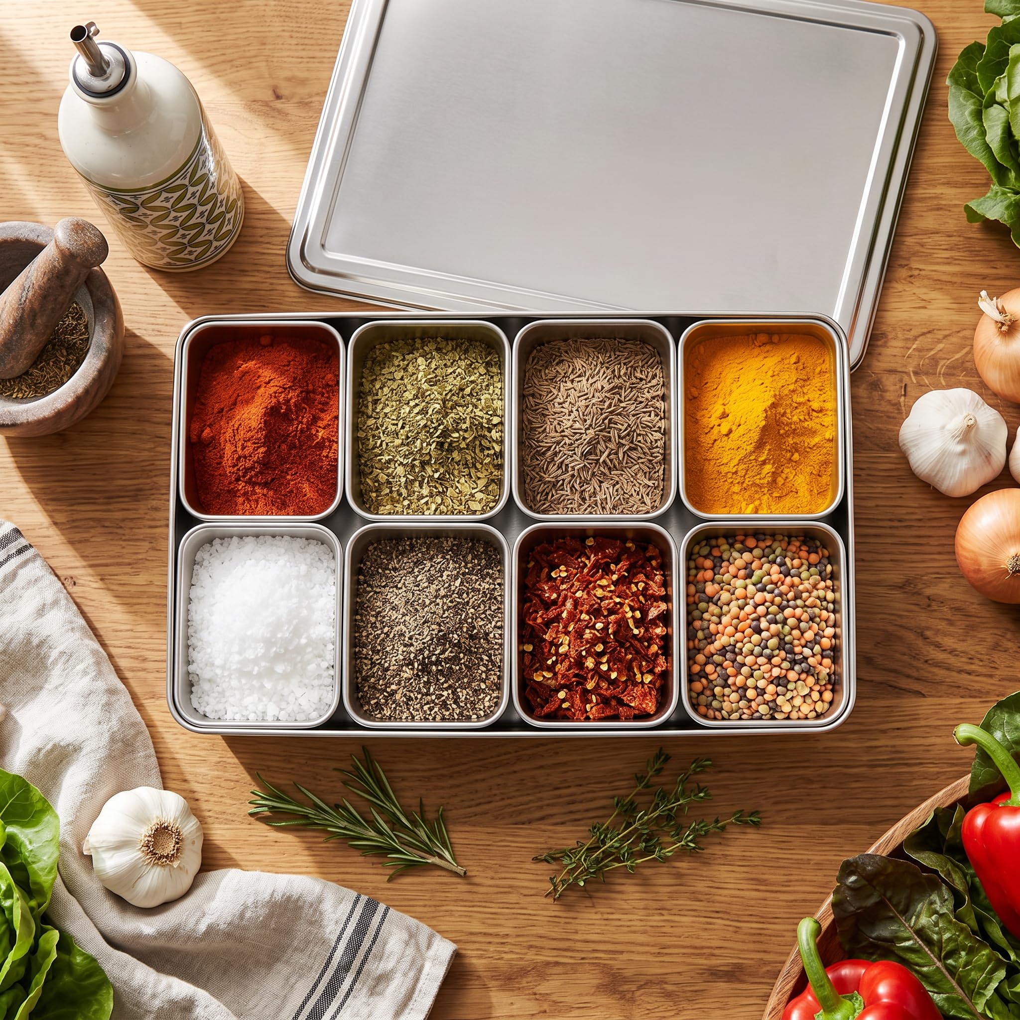 ZJchao Boîte à Épices en Alliage d’Aluminium avec 8 Compartiments – Coffret de Rangement Compact pour Assaisonnements, Condiments et Ustensiles de Cuisine