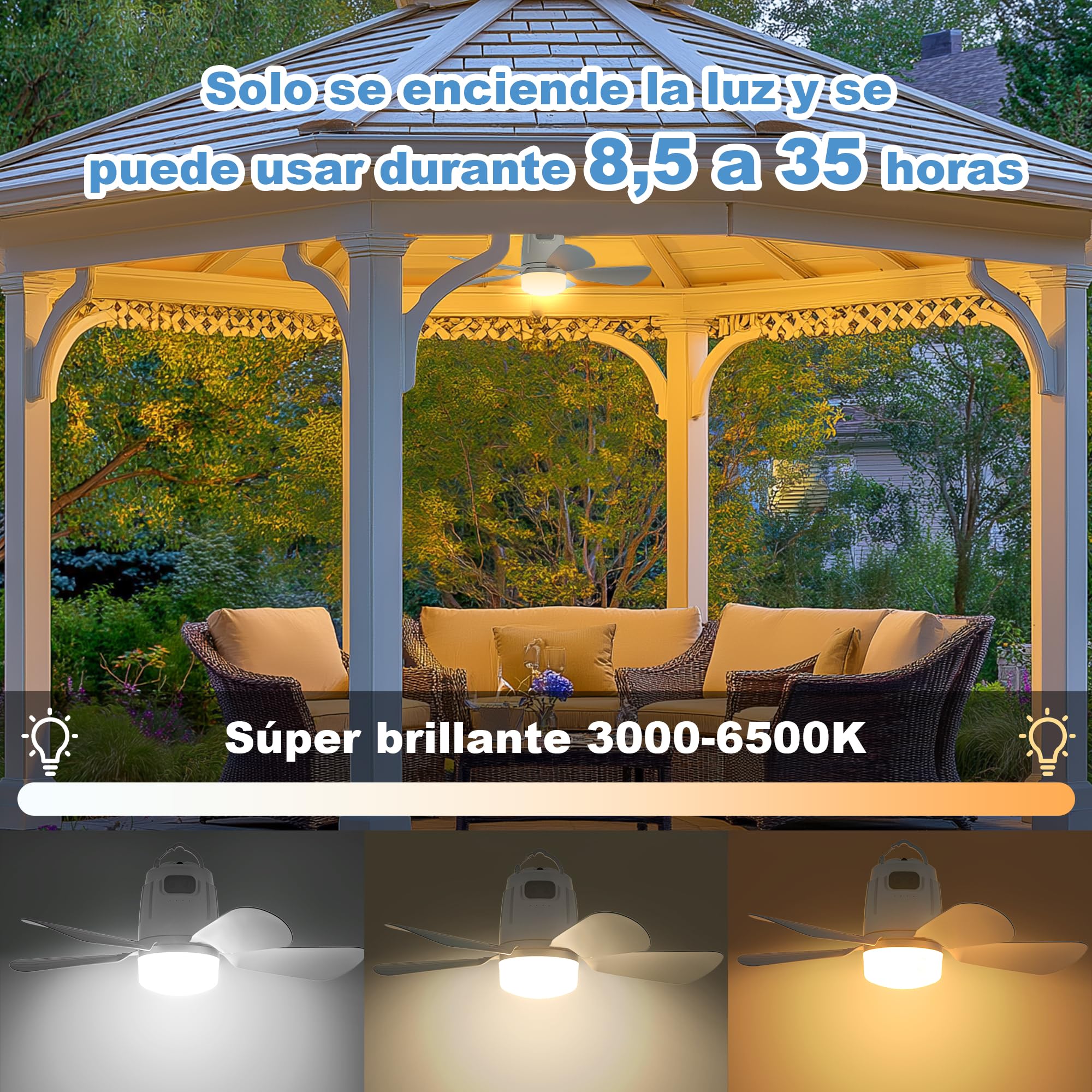 Gliztech Ventilador Techo Exterior 50CM, 20000mAh Ventilador Techo Luz con Batería Blanco, Recargable y Extraíble con Gancho y Mando a Distancia para Cenador, Terraza, Tienda de Campaña, Sombrilla