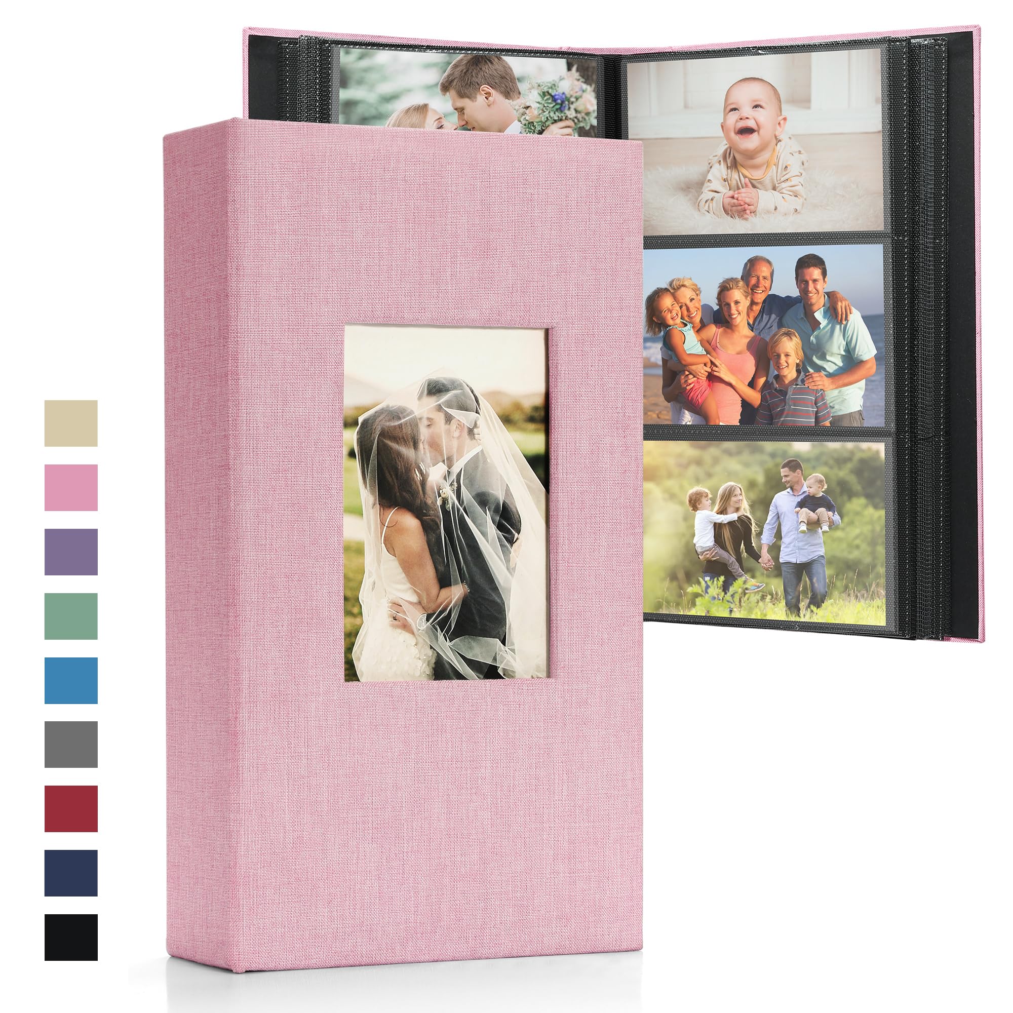 DazSpirit Fotoalbum 10x15 cm zum Einstecken – Leinen-Fotobuch mit 300 Taschen, schwarzen Seiten, gepolstertem Einband & personalisierbarem Frontfenster – Ideal für Hochzeit, Familie, Baby & Reisen
