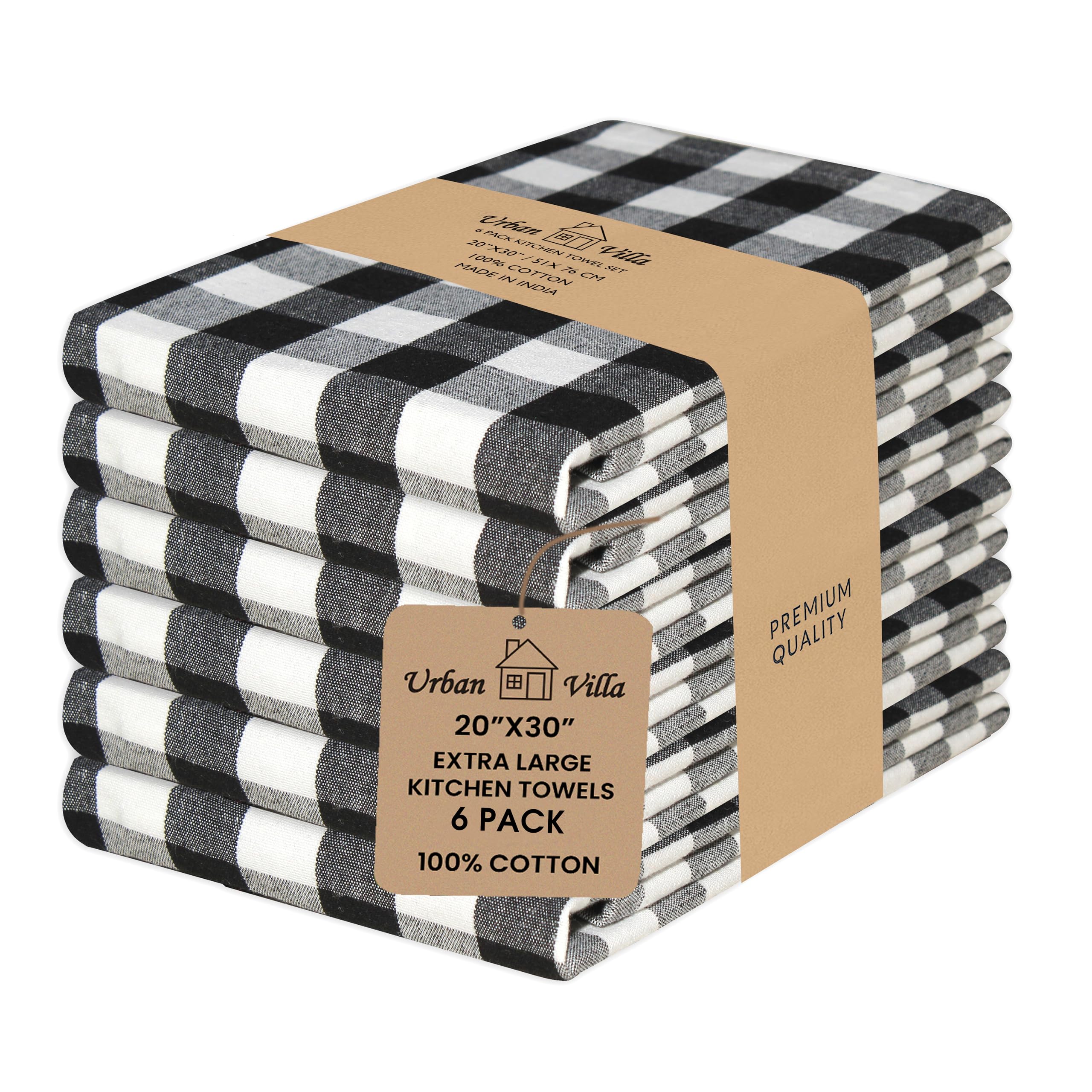 Urban Villa Kitchen Towels 100% Cotton Dish Towels for Kitchen (Set of 6) 20”x30” Dish Cloths Highly Absorbent Kitchen Linen Set with Hanging Loop Perfect for Drying Dishes Cleaning – Black White