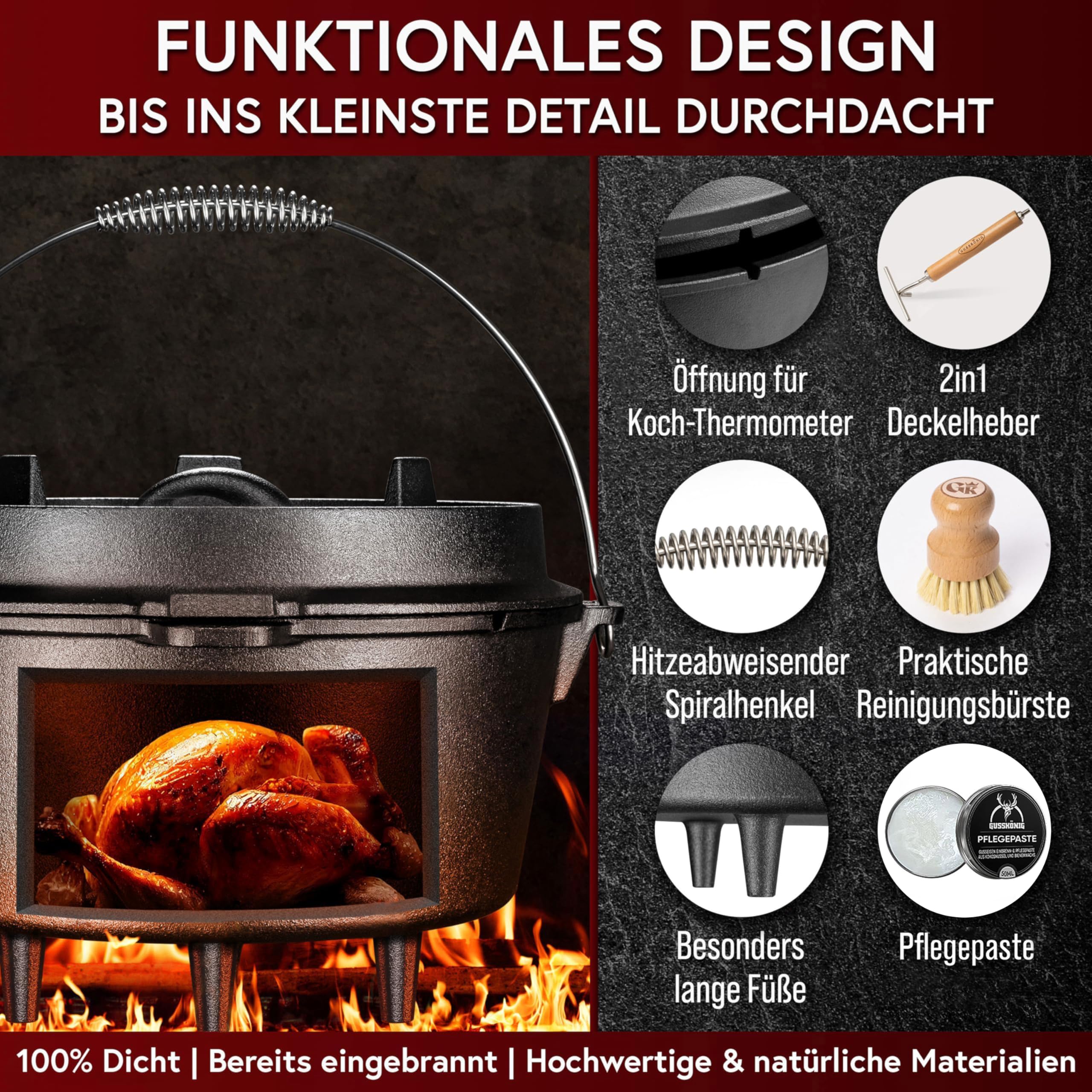 GUSSKÖNIG Dutch Oven Set - Eingebrannter Dutch Oven 9 Liter [6-10 Person]-Feuertopf Gusseisen mit Füßen-Schmortopf Doppelfunktion-2in1 Deckelheber, Bürste & DutchOven Rezeptbuch-30 Jahre Garantie