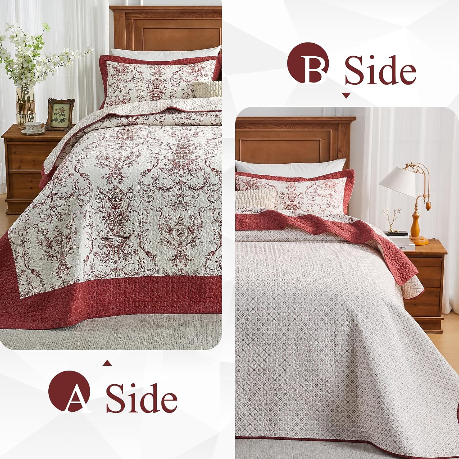 Oversized Queen Bedspread - 120" Lx102 W Extra Wide - 100% Cotton Vintage Floral Lightweight Thin California Quilt Sets - Reversible Super Size Bed Coverlet Set - Red