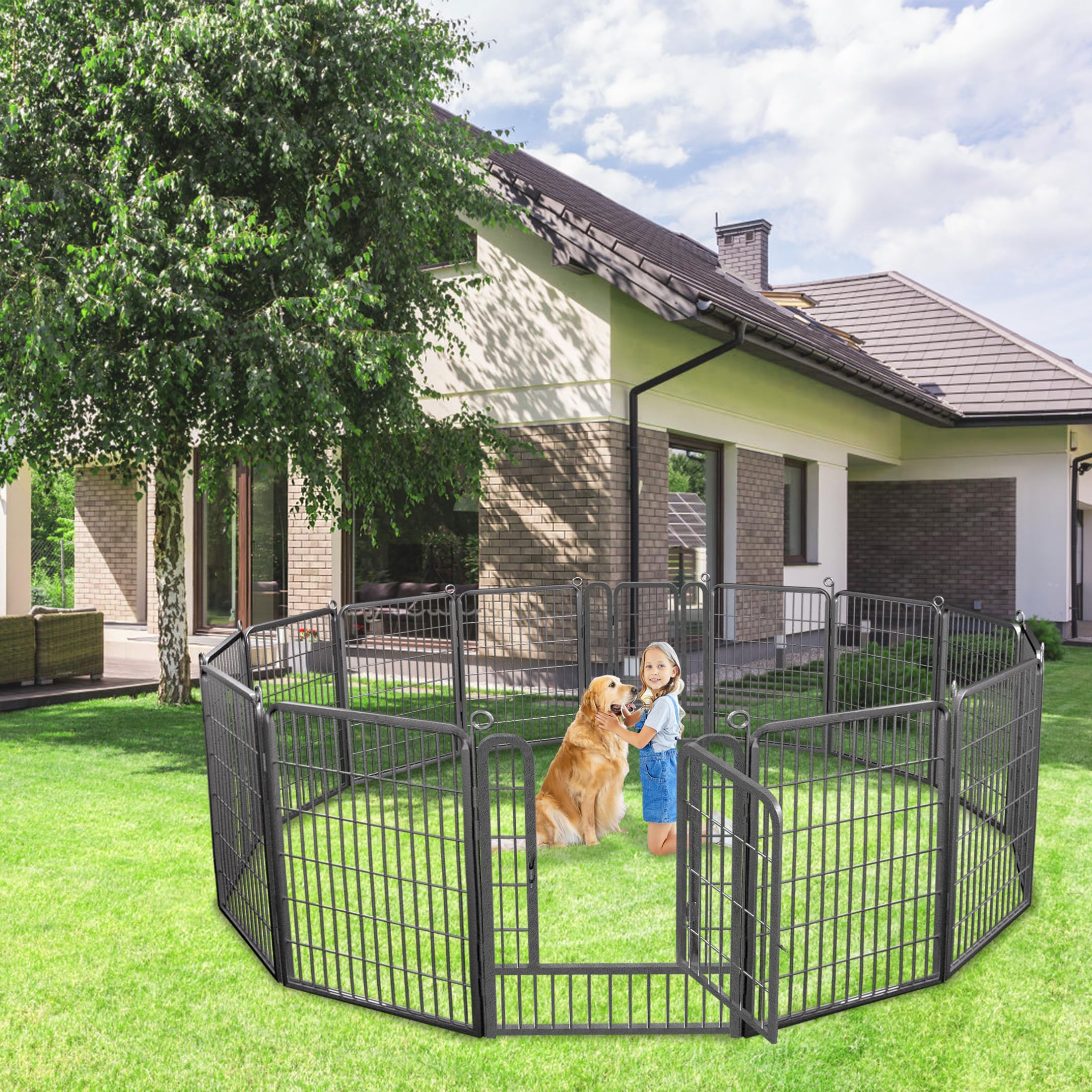 Box per cani, altezza 101 cm, 14 pannelli, resistente, per interni ed esterni, recinto antiruggine per esercizi per cani, recinto pieghevole per animali domestici con porta, recinzione