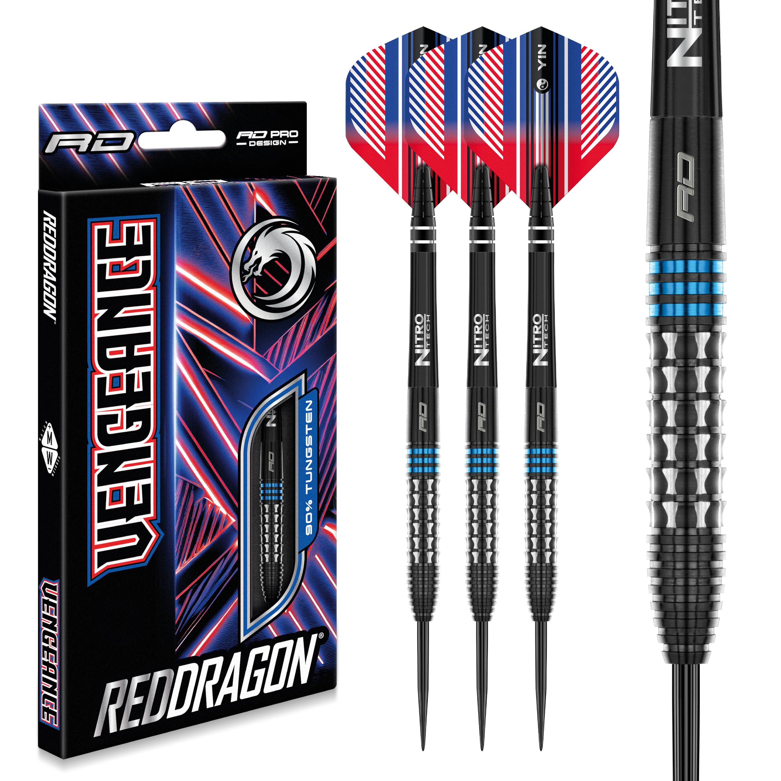 RED DRAGON Vengeance 90% Tungsten Darts Set – Vengeance Evolution Technology with Hardcore Yin Yang Flights & Nitrotech Ultra Stems