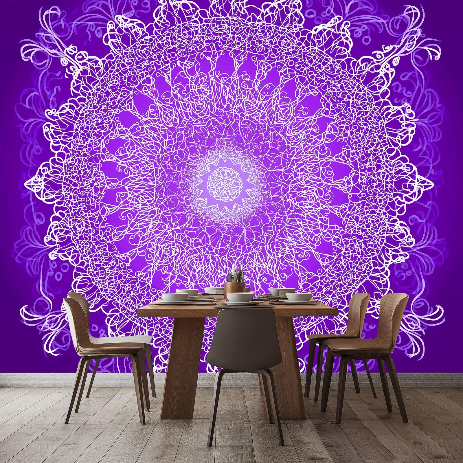 Fototapeta z włókniny, styl marzeń, tapeta 200 x 140 cm (szer. x wys.), nowoczesna tapeta z włókniny, efekt 3D, dekoracja ścienna, fioletowe, kwiaty mandali, tapeta z motywem, tapeta ścienna, salon