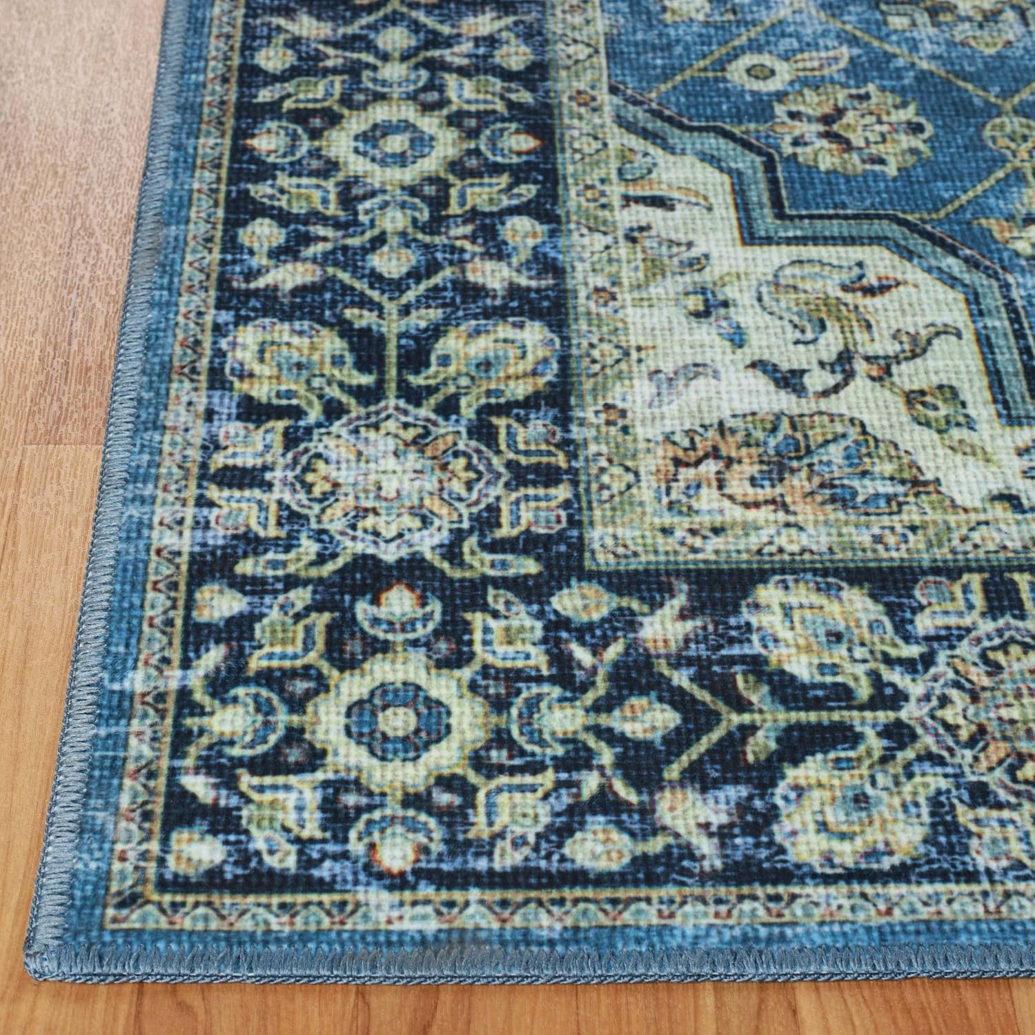 BNM Classic Damask Medallion Border Area Rug with Cotton Backing, Washable, Perfect for Bedroom, Kitchen, Playrooms, Dining Room, and Entryway, Pet and Kid Friendly, Floor Covering, 4' x 6', Blue