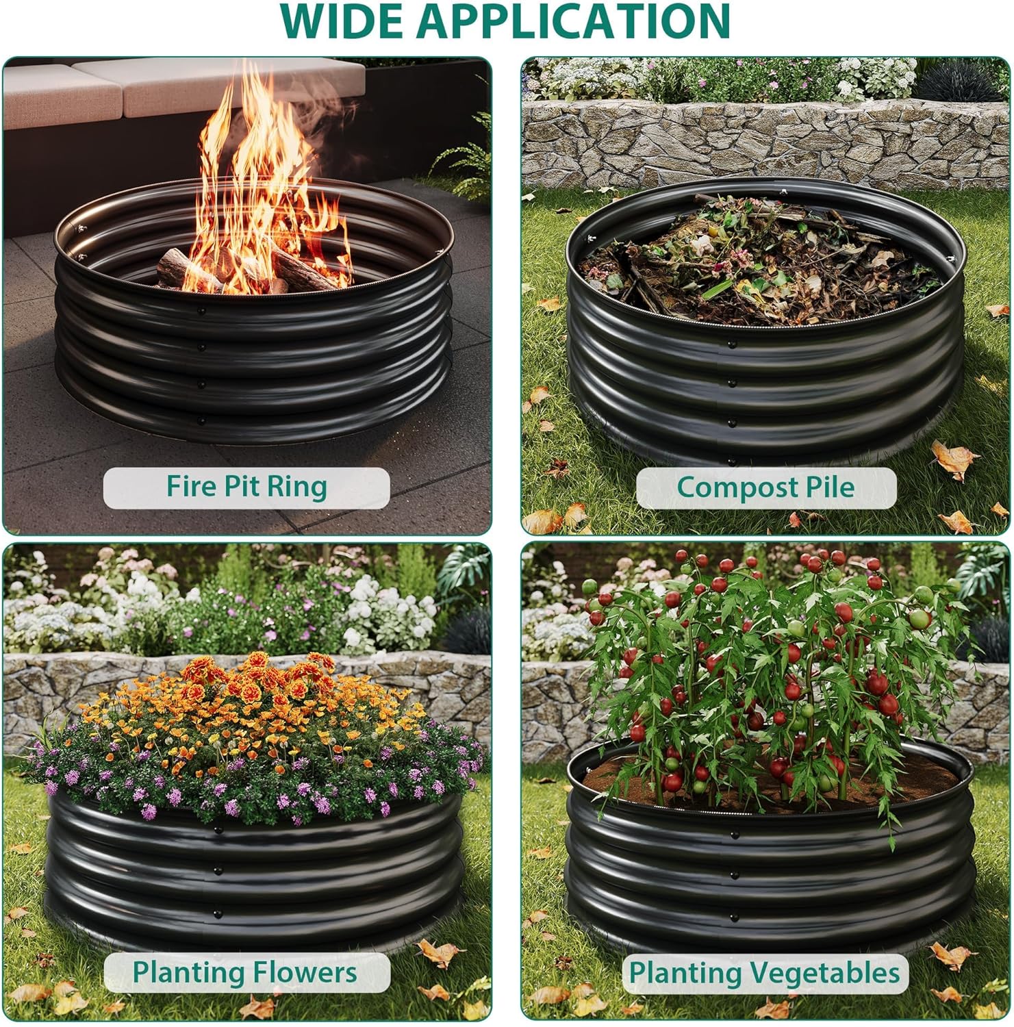 Round Raised Garden Bed, 3PCS 2 x 1ft Galvanized Raised Boxes with Rust-Resistant, Easy Assembly, Safe Edge, Metal Garden Bed Kit for Planting Vegetables, Fruits, Flowers, Black