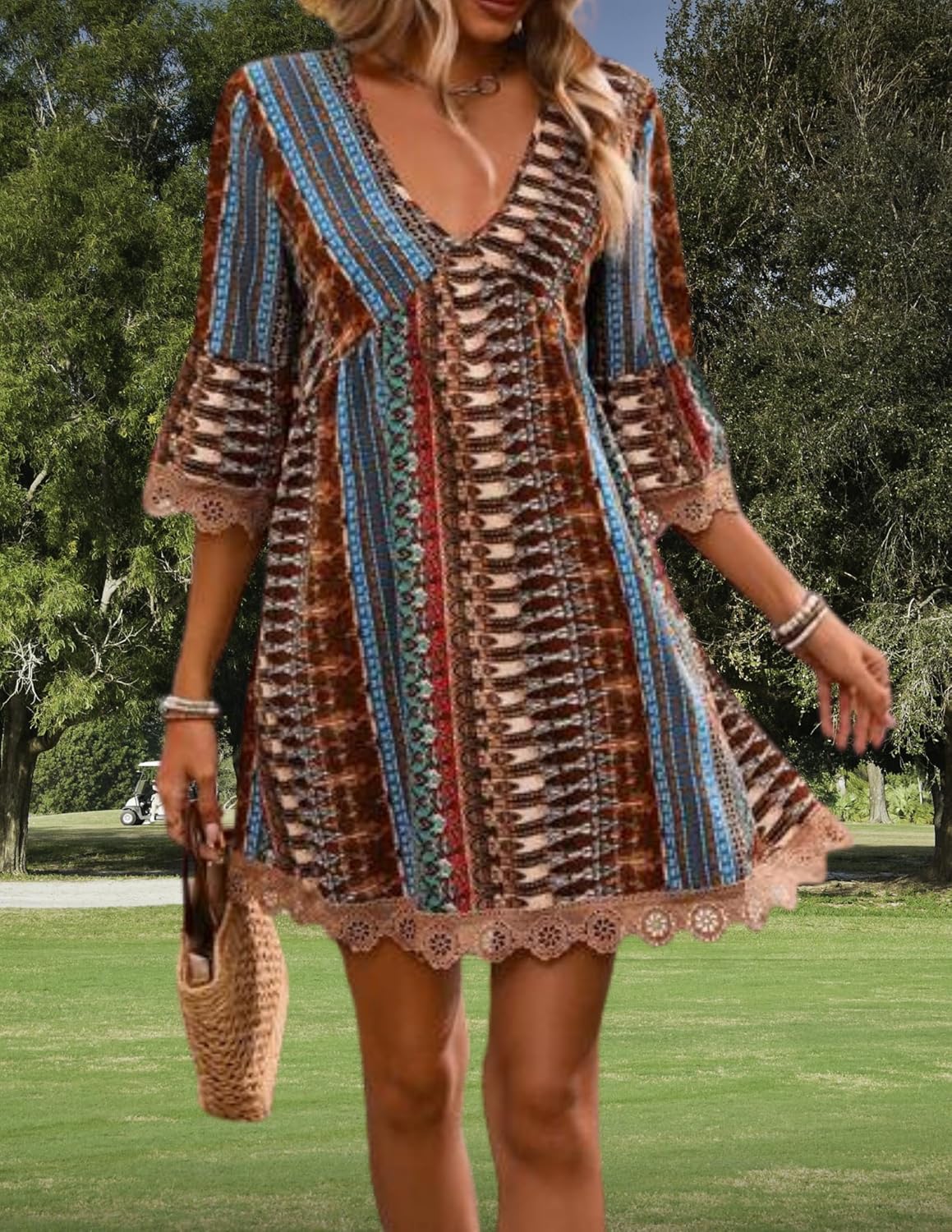 LIZALIG Women's Floral Print Beach Dress - Boho Tassel Tie Neck Long Sleeve Flowy Casual Summer Cover Up Sundress - Image 3