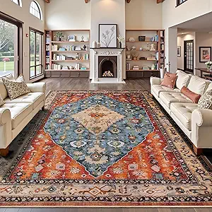 SERISSA Washable Rugs 9x12 Area Rugs, Large Non-Slip Boho Living Room Rug, Ultra Soft Vintage Print Distressed Oriental Tribal Farmhouse Carpet for Dining Room Bedroom Dorm Office Home Decor