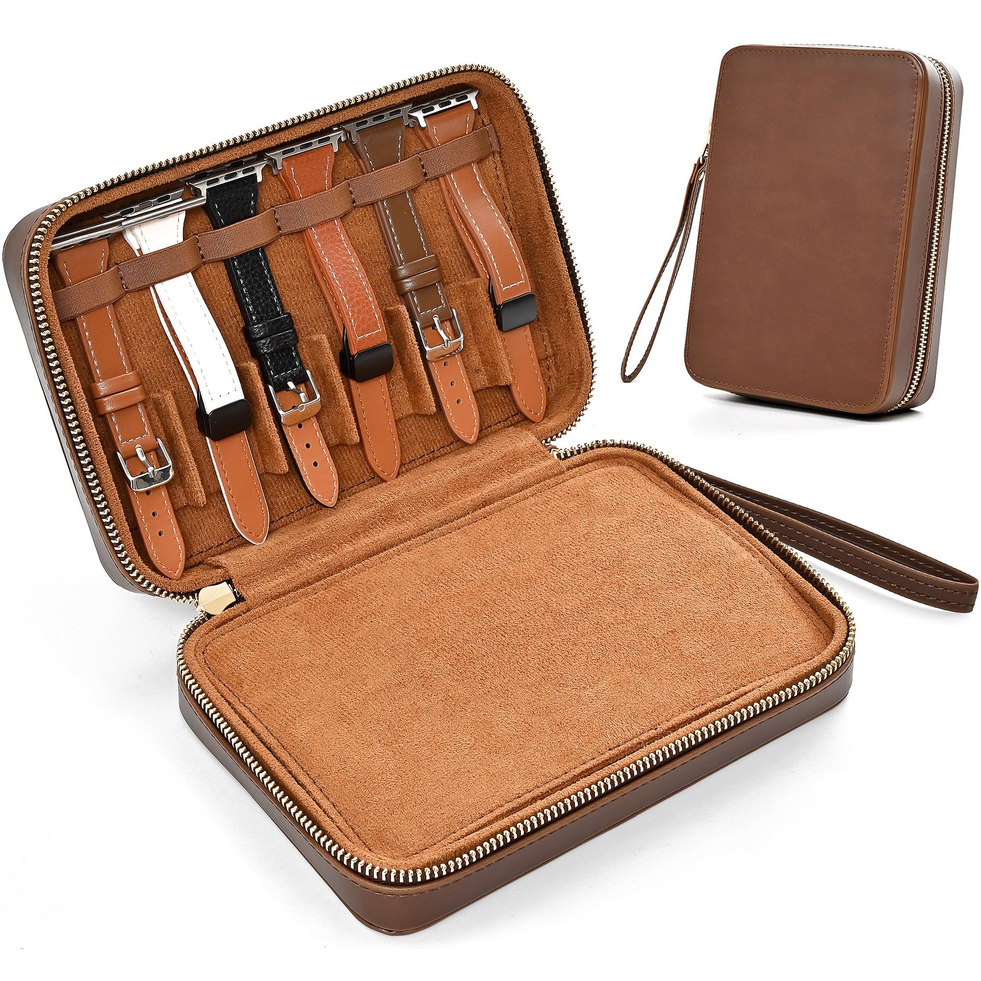 ROSELLE Portable Leather Watch Band Storage Case Holds 12 Watch Straps, Travel Organizer Bag Compatible for Most Series of Apple Watch Bands and Other Brand Watch Bands