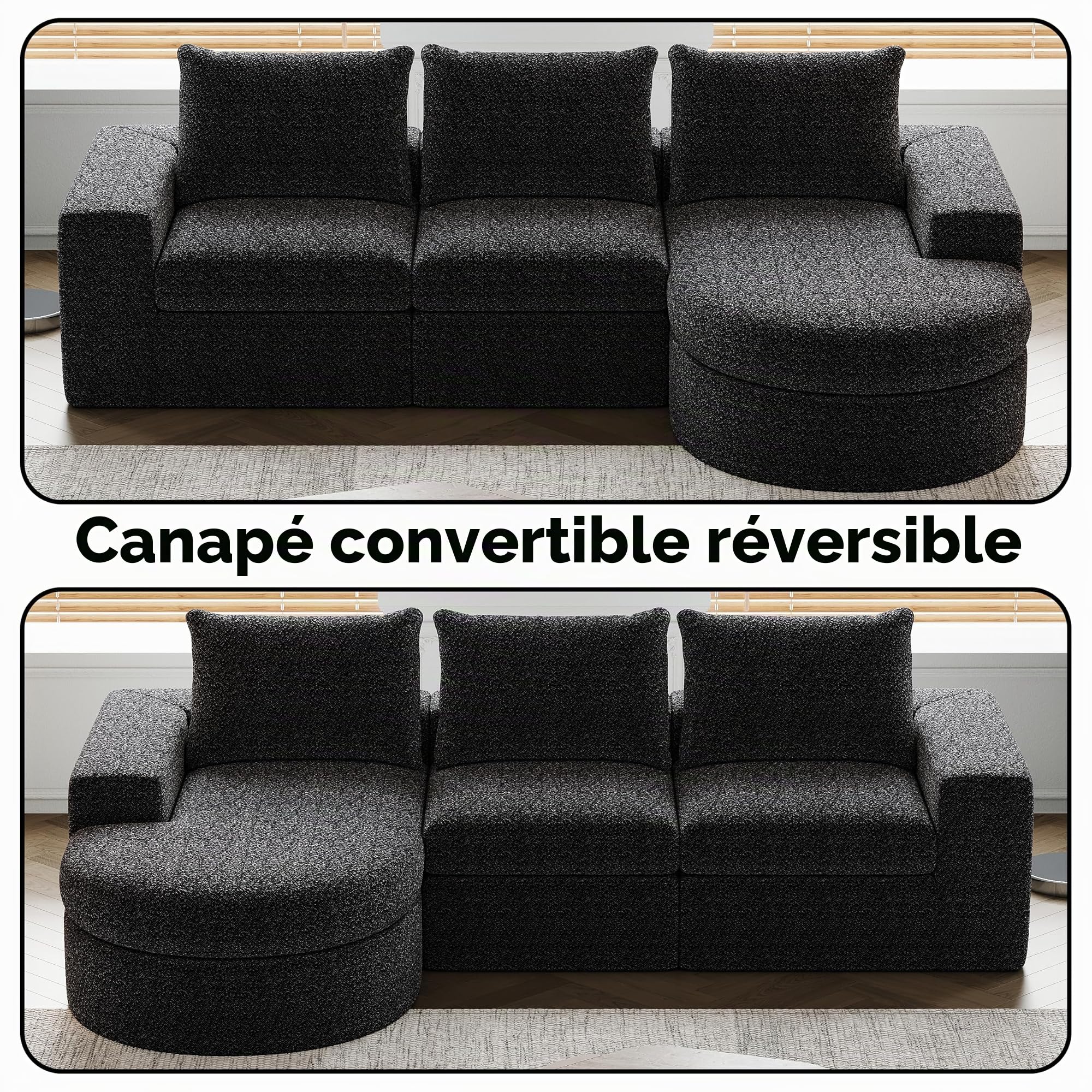 251cm Canapé d'angle en Forme de L avec Fonction Couchage - Canapé modulable avec méridienne Droite - Assise Extra Profonde - Canapé-lit pour Salon (Noir)