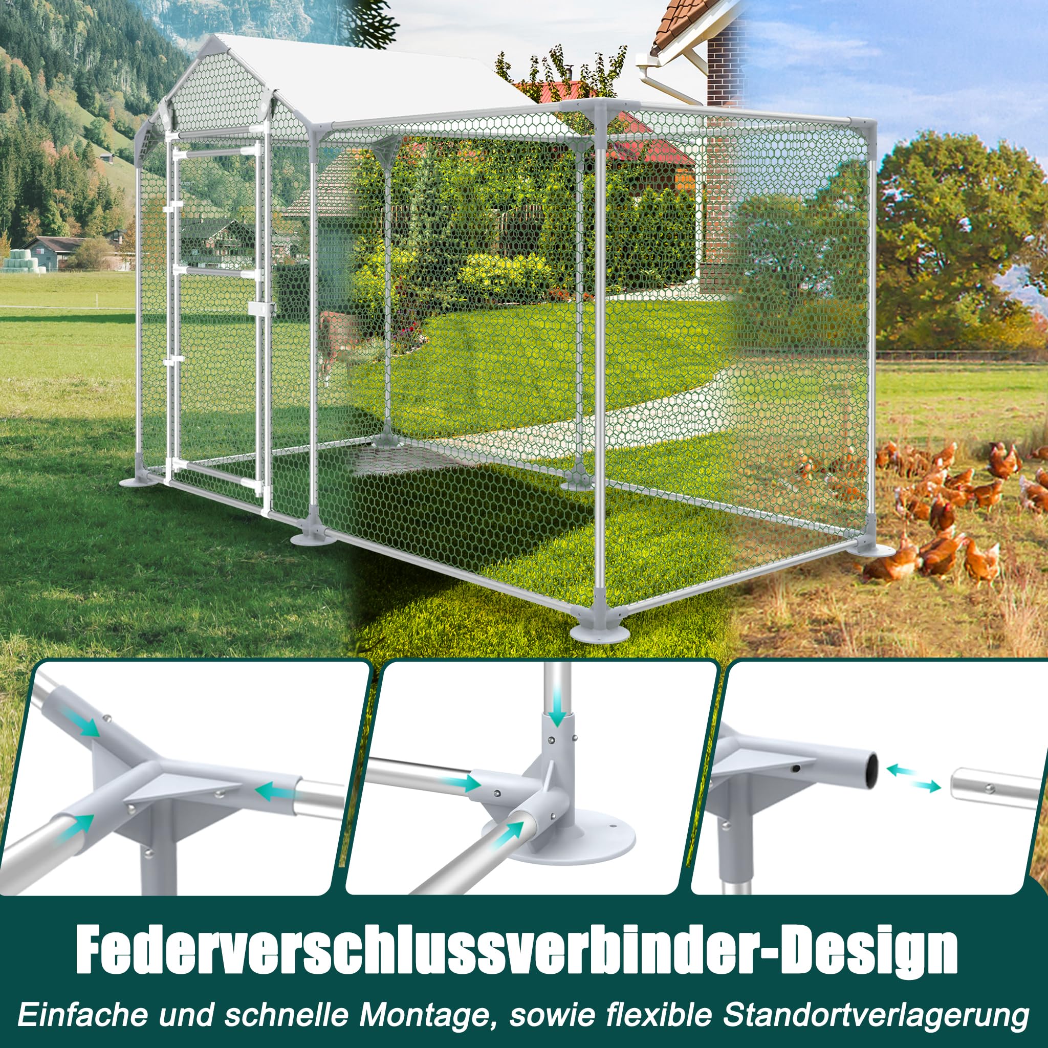 YRHome Freilaufgehege Hühnerstall 4x1x1,5m Freigehege Hühnerhaus Hühnergehege Voliere Hühner Gehege Hühner Geflügelstall Verzinkter Stahlrahmen mit PE