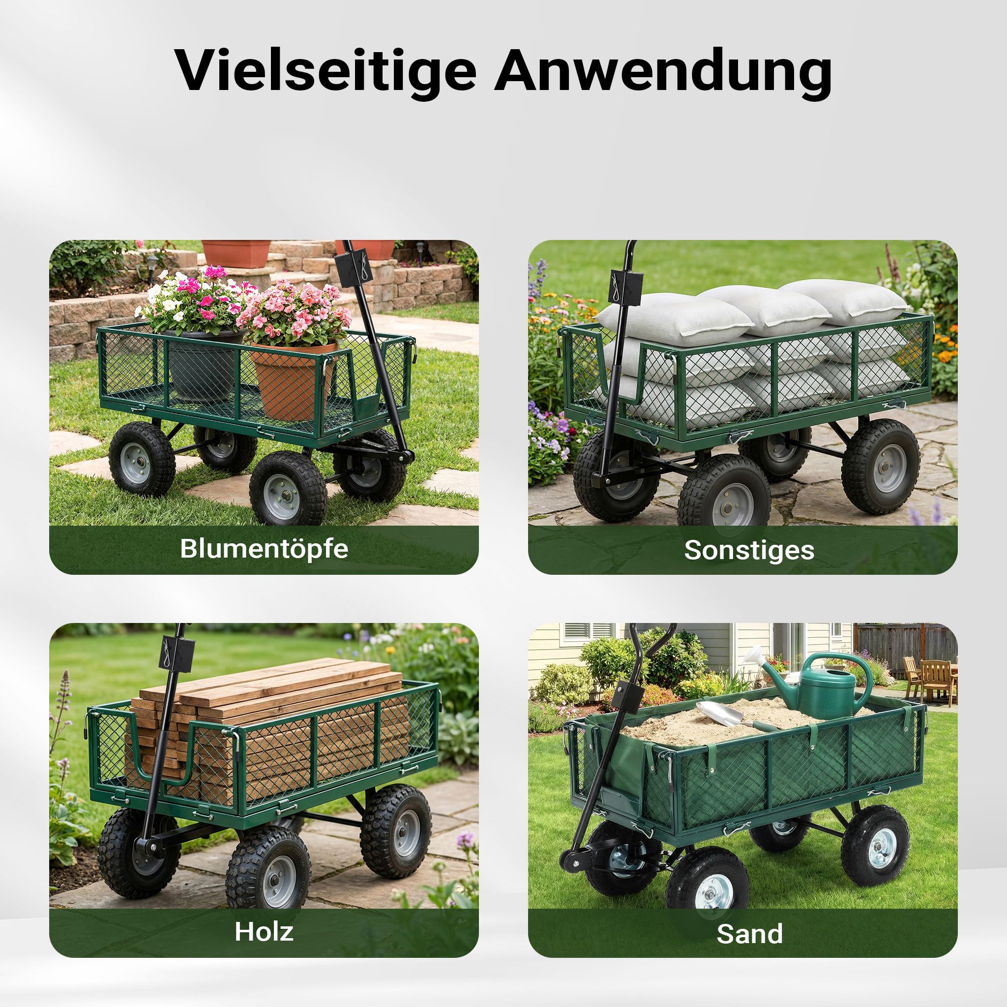 Wiltec Transportwagen bis 300 kg mit Metallgittern, Gartenwagen mit Abnehmbarer Plane, Bollerwagen mit Luftreifen, Handkarren für u. a. Rasen u.Kies