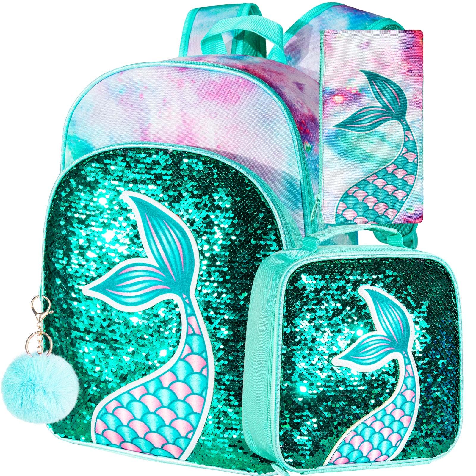 3PCS Girls Backpack 16 in Sequin Prechool Elementary Bookbag and