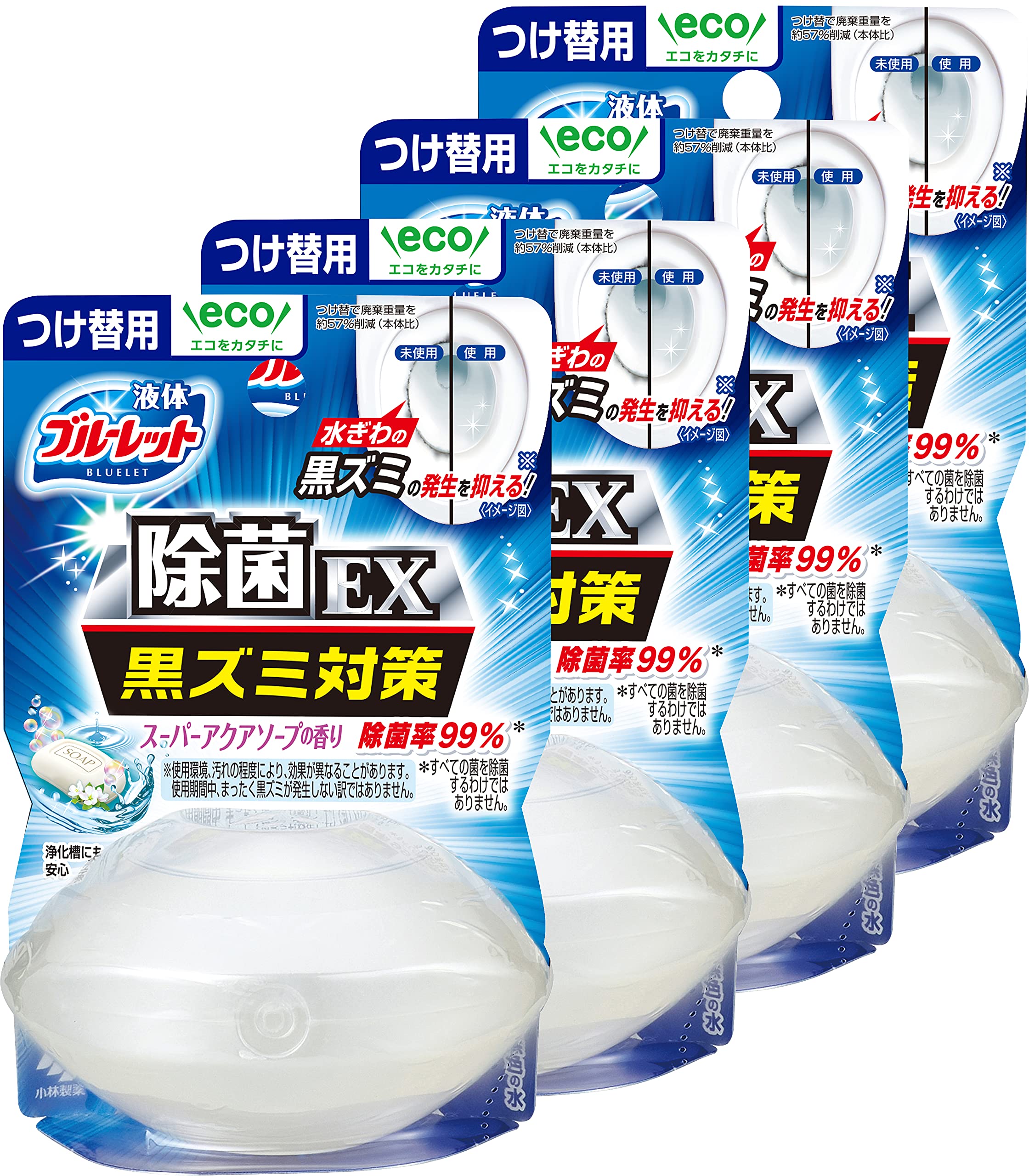 【まとめ買い】液体ブルーレットおくだけ除菌EX トイレタンク芳香洗浄剤 スーパーアクアソープの香り 詰め替え用 70ml×4個