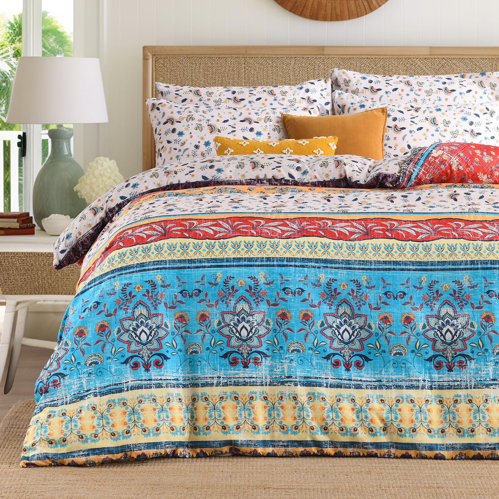 HORIMOTE HOME Boho Floral Single Duvet Cover Sets - Reversible Soft Bedding Quilt Cover Sets, Single Bedding Set with Pillowcases,Red,137 x 200 cm