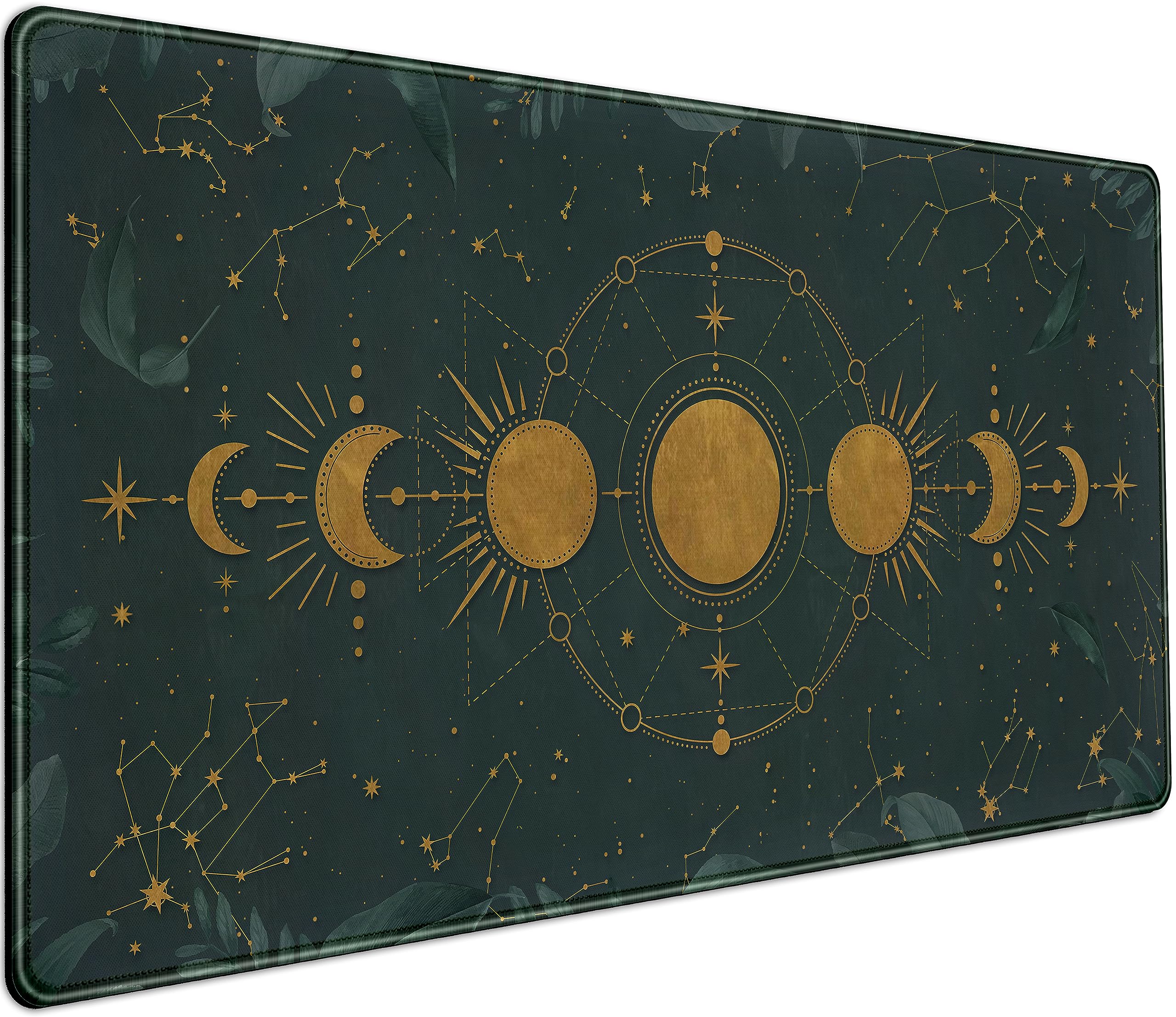 Tappetino XXL Gaming 80x40 Cm – Foresta Verde Scuro Con Luna Dorata, Bordi Cuciti