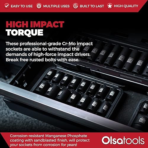 Miniatura 2 de Olsa Tools Juego de dados de impacto poco profundo Cr-Mo de 12 pulgada  CrMo de grado profesional  SAE de 6 puntos  14 piezas de 38 pulgadas a 1-14