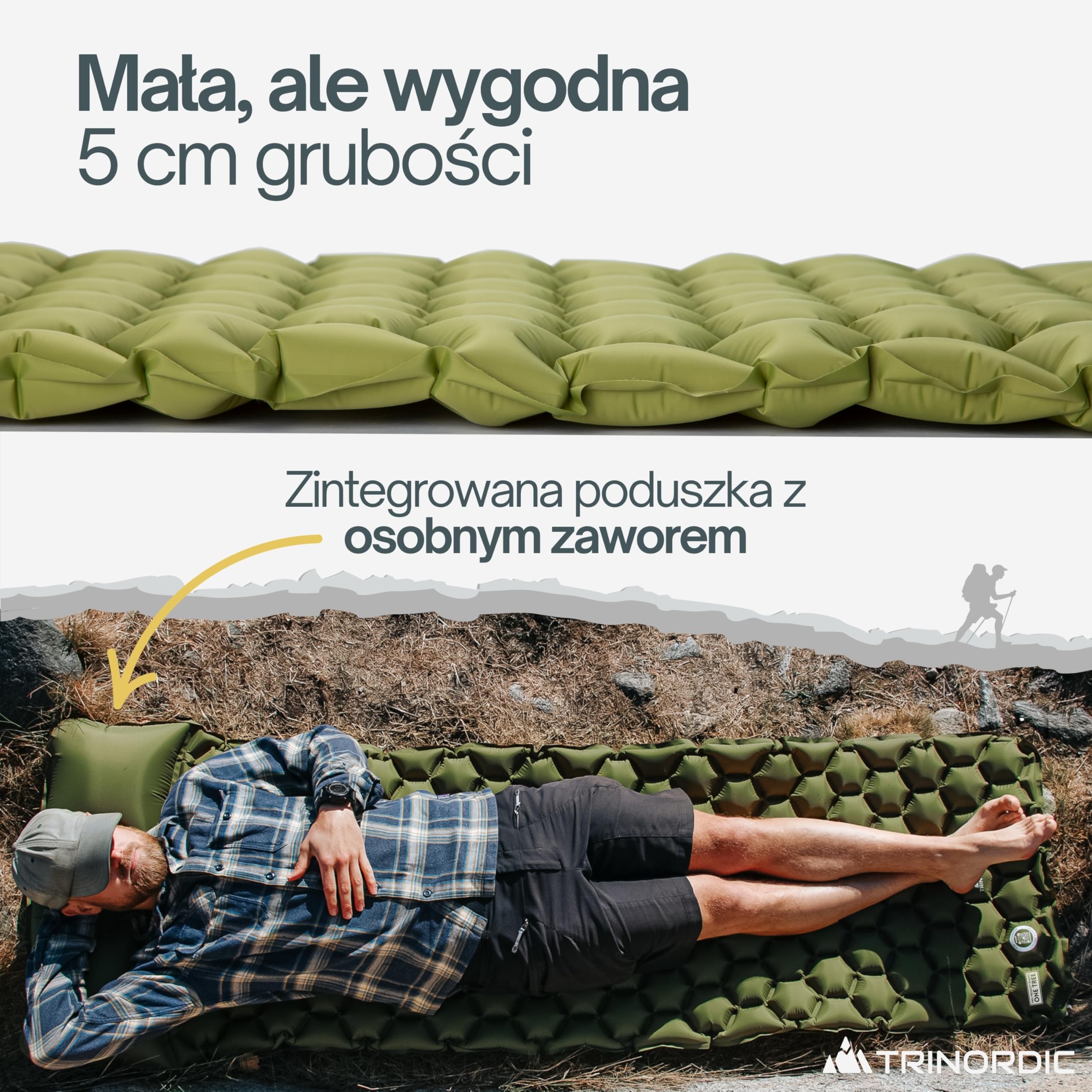 TRINORDIC Ultralekki Materac Kempingowy z Poduszką - Pojedynczy Materac Powietrzny, Wytrzymały Sprzęt Kempingowy - Zielony Lasowy