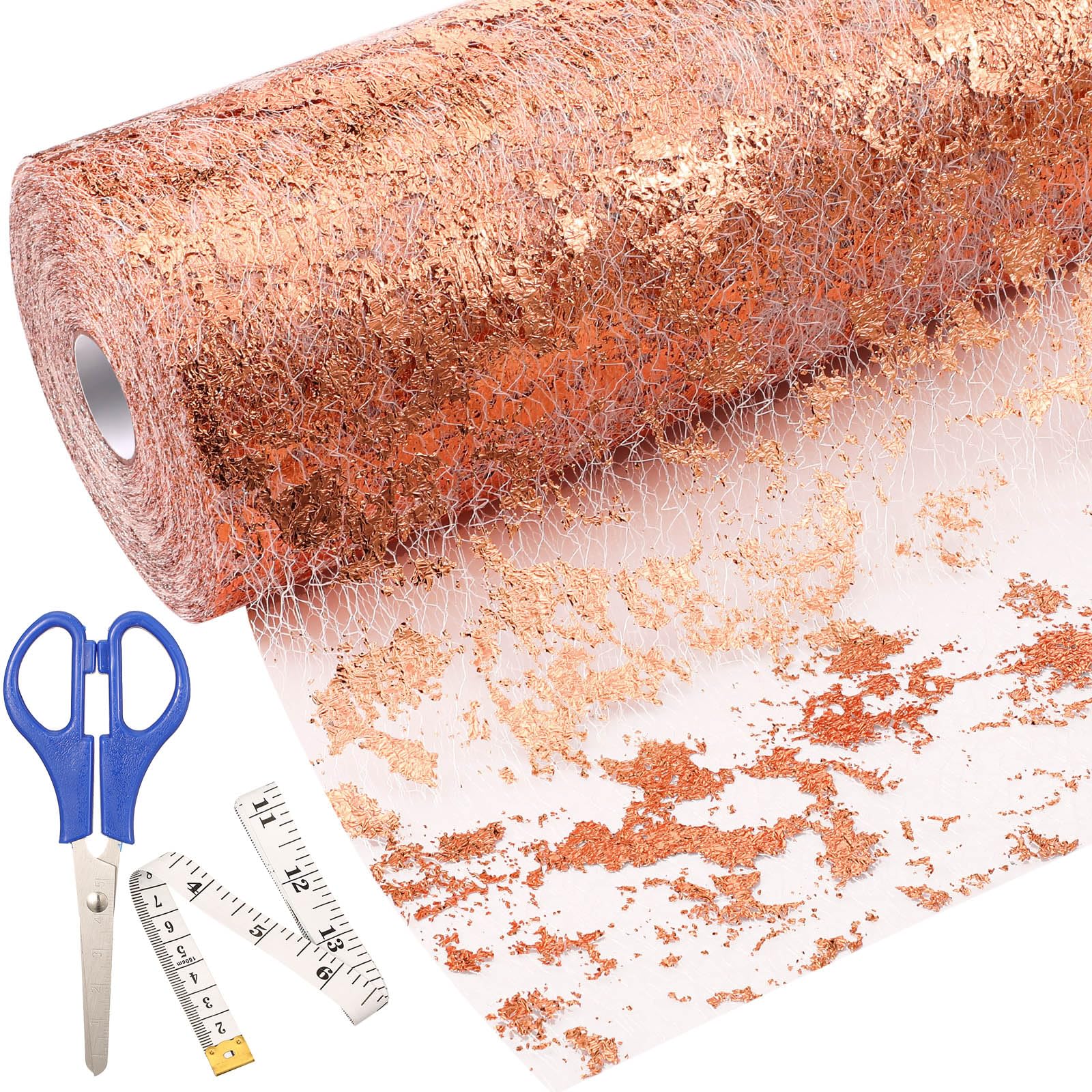 Tegeme11 Inch x 98 ft Table Runner with Scissor and Soft Ruler Glitter Metallic Foil Thin Mesh Table Runner Roll Fabric Sequin Wedding Table Decoration for Bridal Shower Birthday Party (Rose Gold)