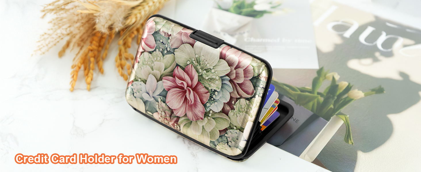Mayski Credit Card Holder for Women, RFID Blocking, Happy Flower Aluminum Alloy Hard Case, Small Mini Business Metal Wallet for Men