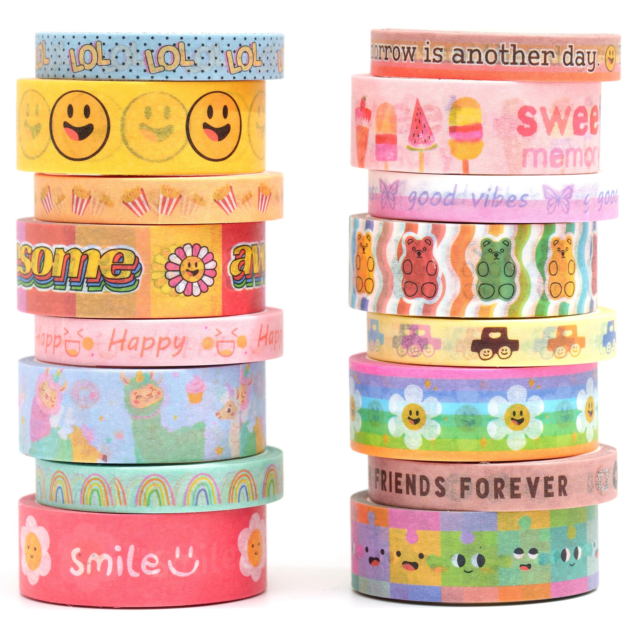 YUBX Cute Cartoon Washi Tape Set 16 Rolls Bright Colors Kawaii Masking Graphic Decorative Tapes for Arts, DIY Crafts, Journals, Planners, Scrapbook, Wrapping