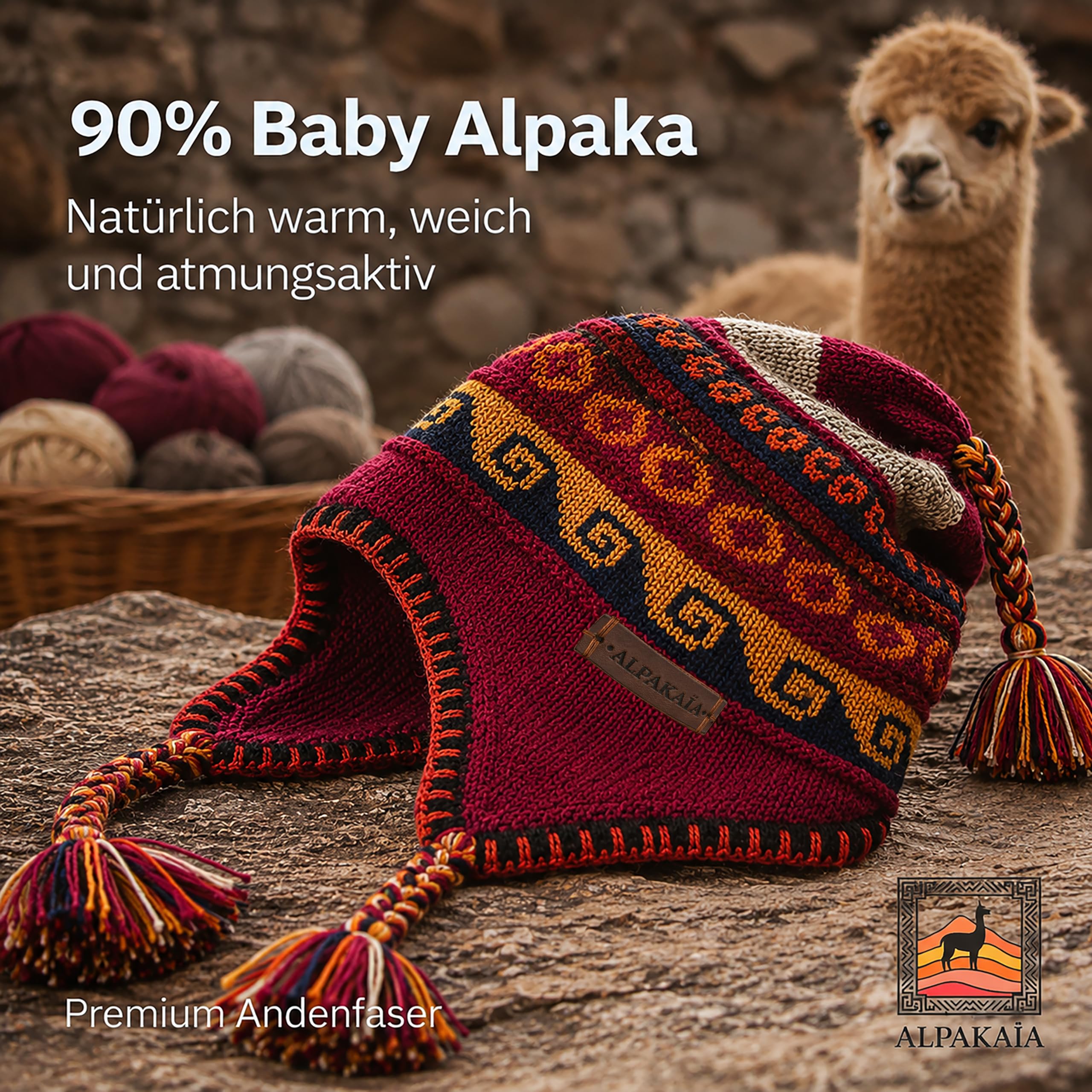 Alpaka Wollmütze Herren Damen – Warme Wintermütze aus Baby Alpaka – Handgemachte Ethno Strickmütze im Peru Stil mit Ohrenschutz für Outdoor, Ski, Reisen & kalte Wintertage – Weich & Atmungsaktiv