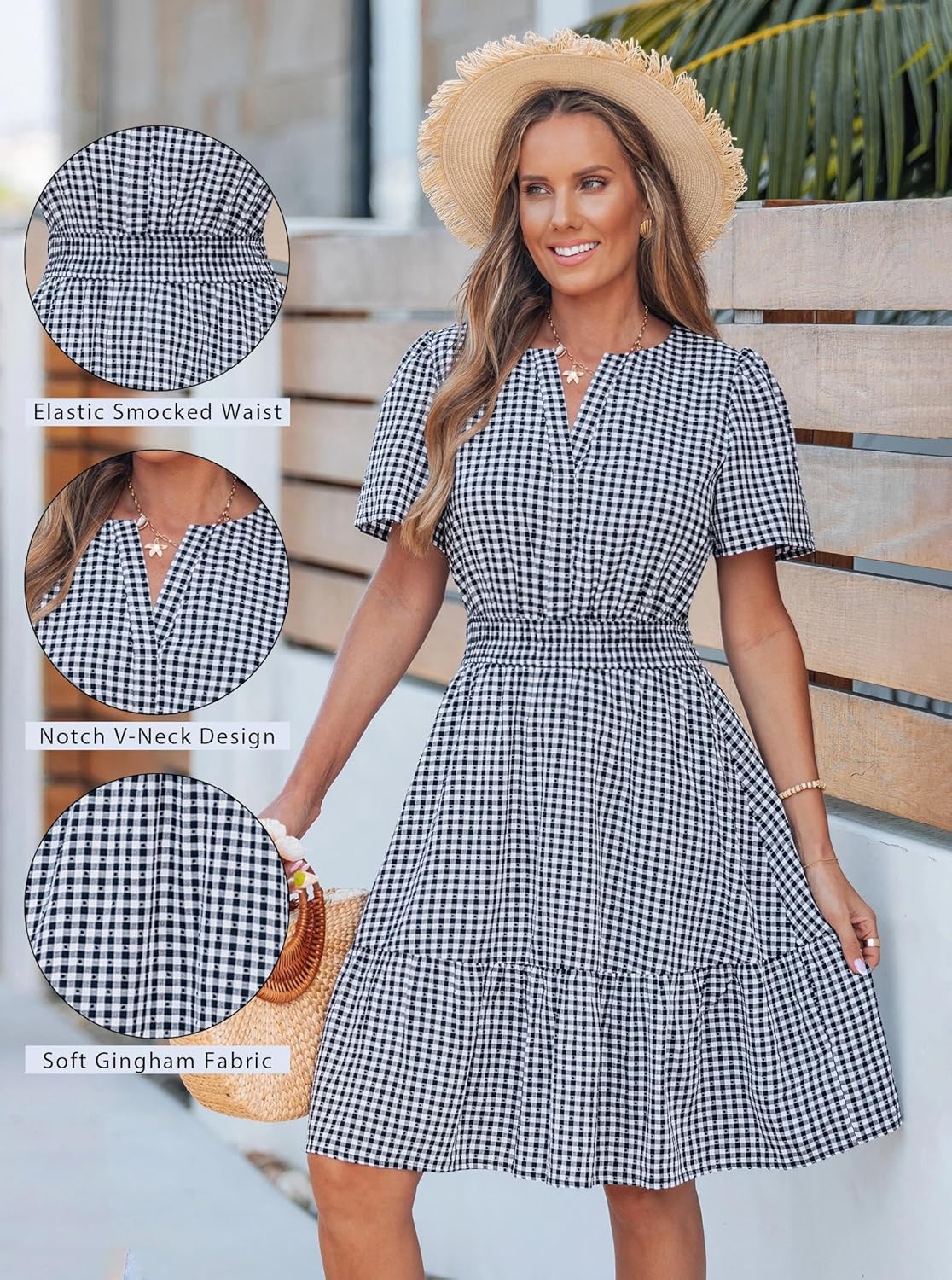 popvil Women Summer Mini Gingham Dress 2026 Spring A Line Casual Sun Dress Short Sleeve Beach Vacation V Neck Short Dress - Image 5