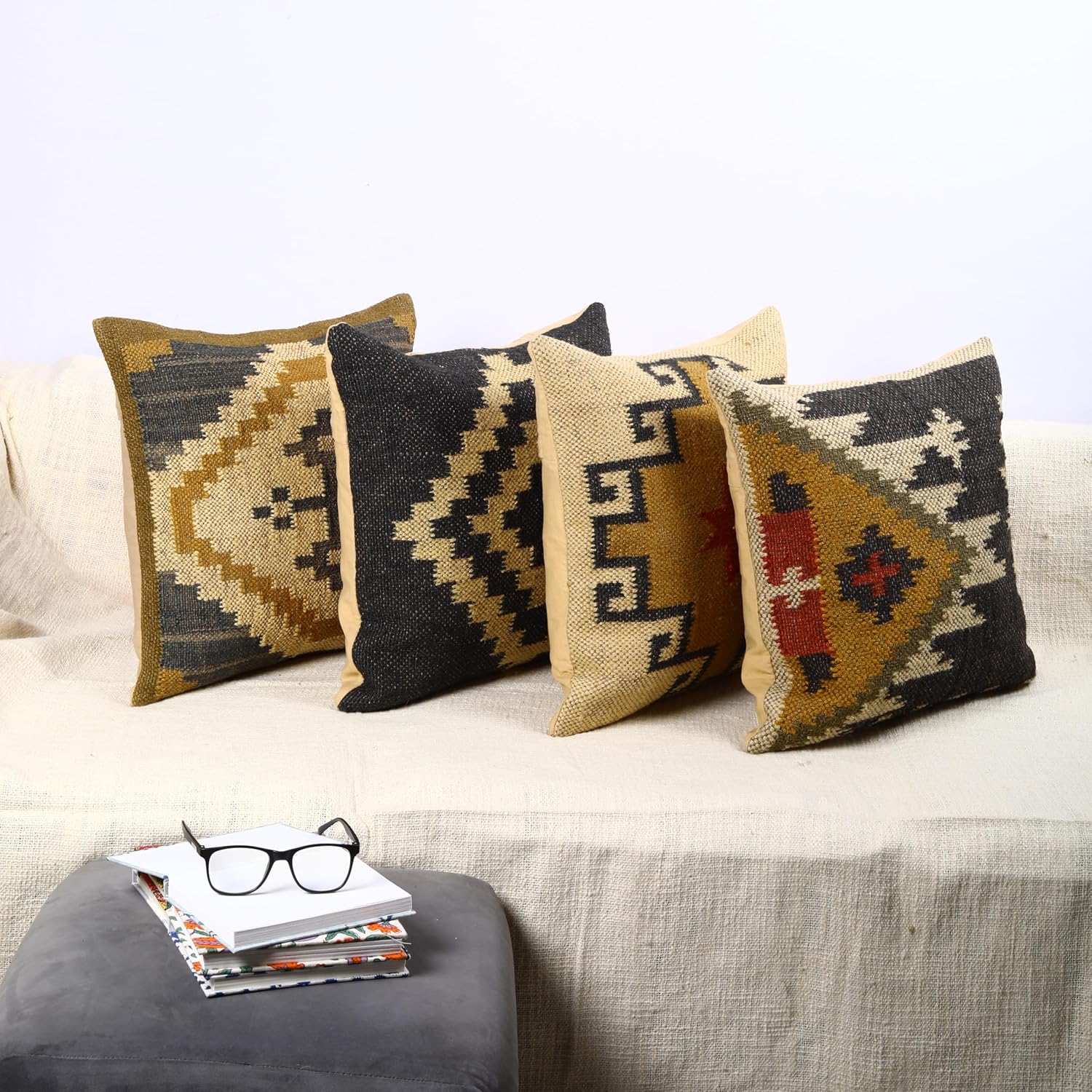 Trade Star 70% Jute 30 Wool Cushion Case Handwoven Pillowcases Throw Pillow Cover Ethnic Rug Pillow Covers Designer Pillow Shams Kilim Cushion Cover Set of 4 Cushion Cases (Kilim 1)