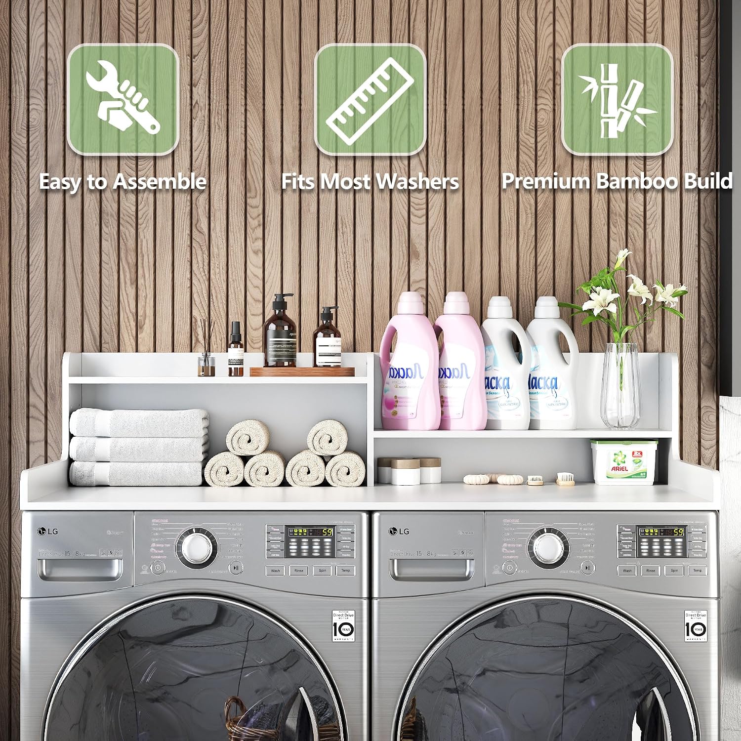 2-Tier Washer and Dryer Countertop w 54" W x 27.5" D Laundry Countertop Cover with Non-Slip Pad,Large Space Laundry Topper for Folding Clothes Over Washer and Dryer White