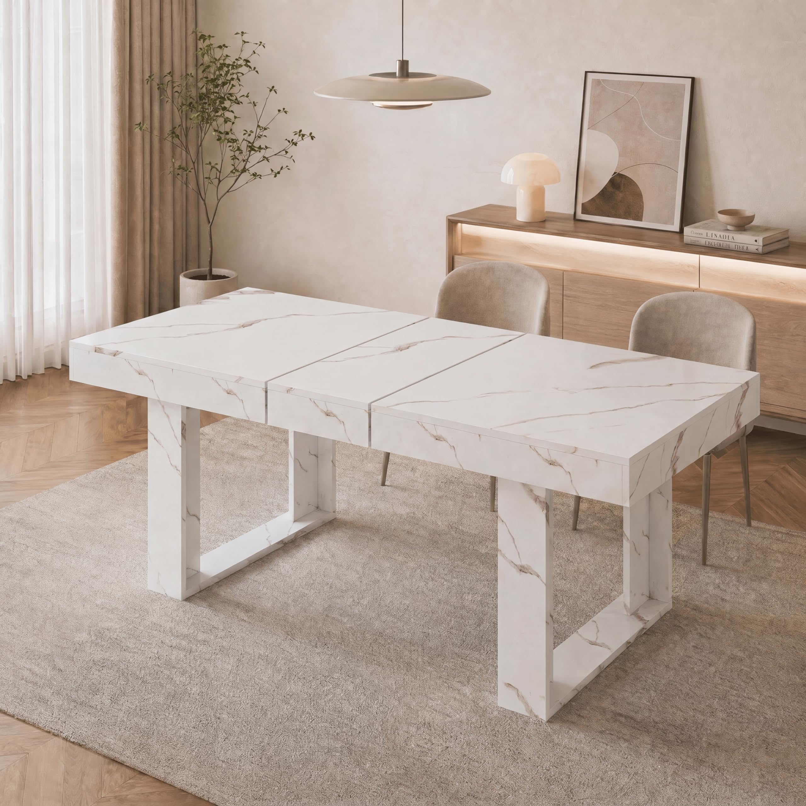 GRAVFORCE Extendable Dining Table 4-6 Seater Kitchen Dinner Table 120-160cm Wooden Expandable Dining Tables for Restaurant Home Living Room Marble White