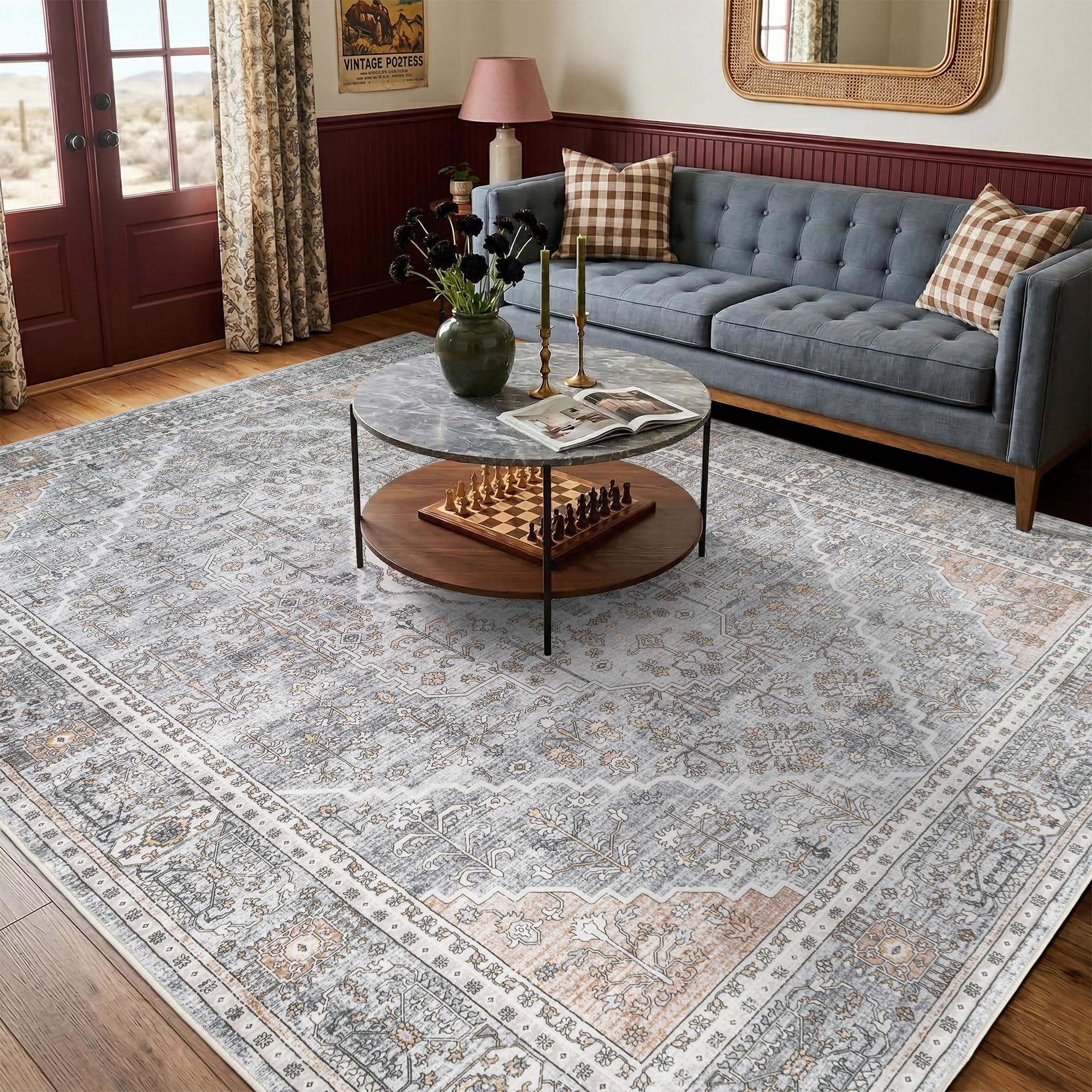 Photo 1 of Gray with Beige Rug 8x10 Washable Area Rugs for Living Room,Rug for Bedroom, Vintage Distressed Non-Slip, Ultra Soft Faux Wool Carpet for Dining Room, Terracotta Accents for Home Office Décor