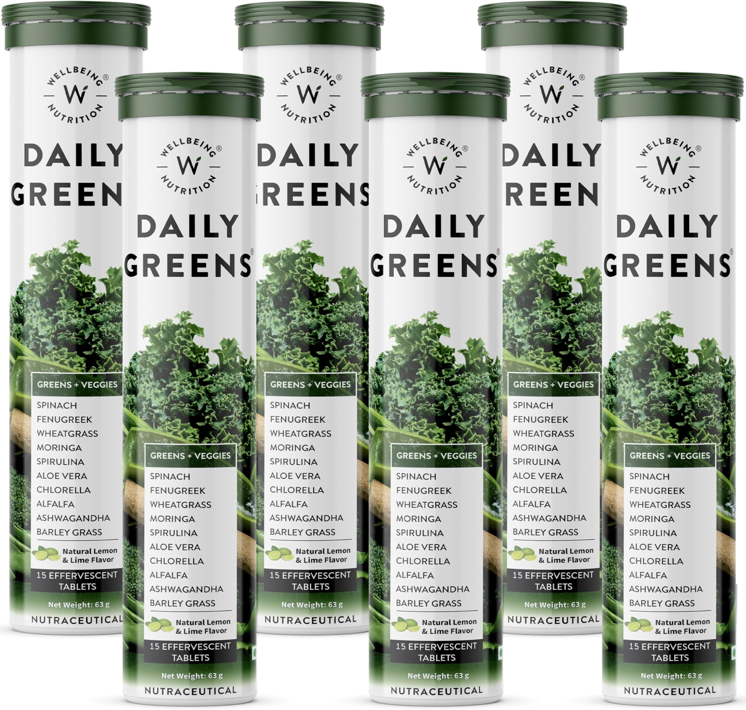 Daily Greens | Wholefood Multivitamins with Vitamin C, Zinc, B6 for Immunity & Detox with Organic Certified Plant Superfoods & Antioxidants (15 Effervescent Tablets) Pack of 6