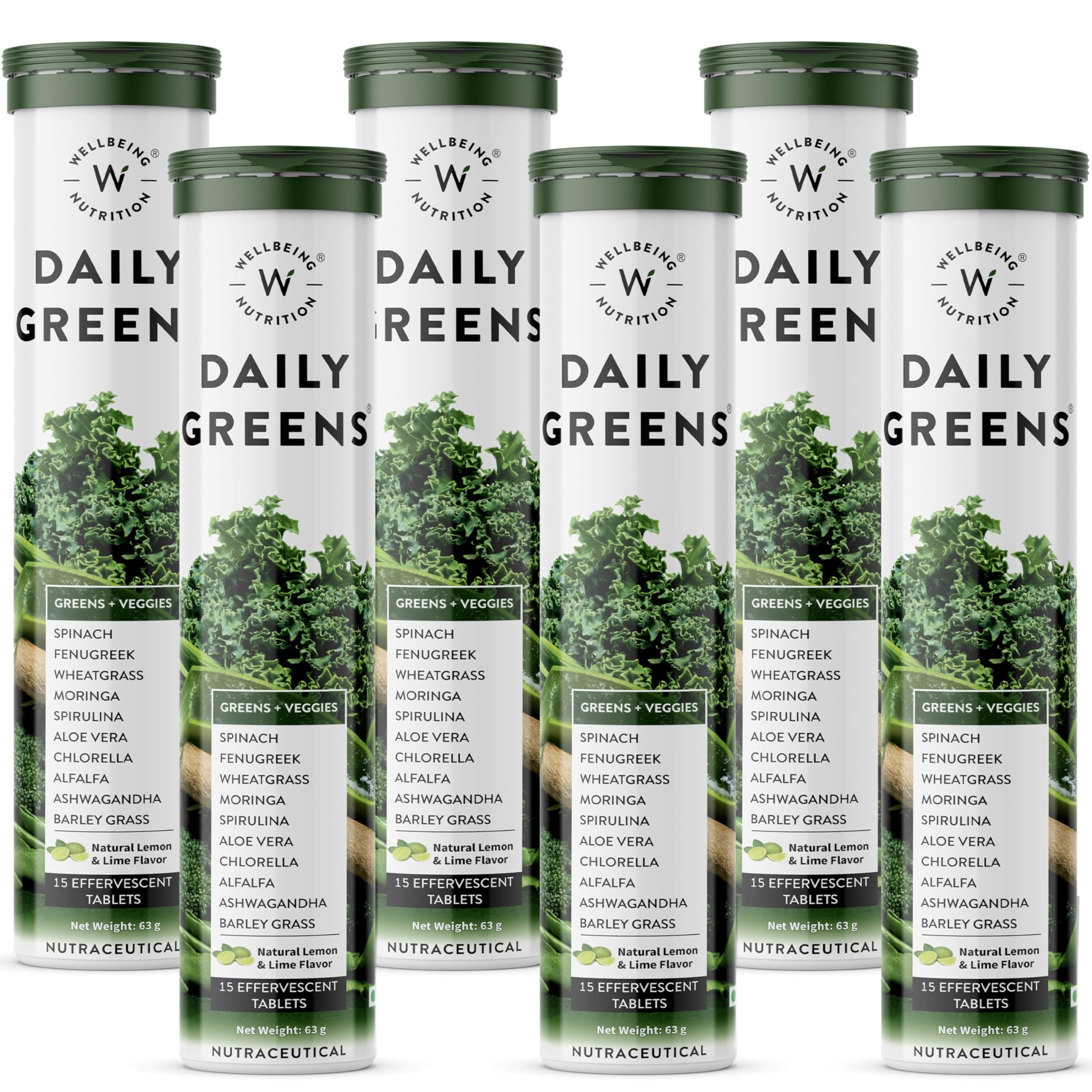 Daily Greens | Wholefood Multivitamins with Vitamin C, Zinc, B6 for Immunity & Detox with Organic Certified Plant Superfoods & Antioxidants (15 Effervescent Tablets) Pack of 6