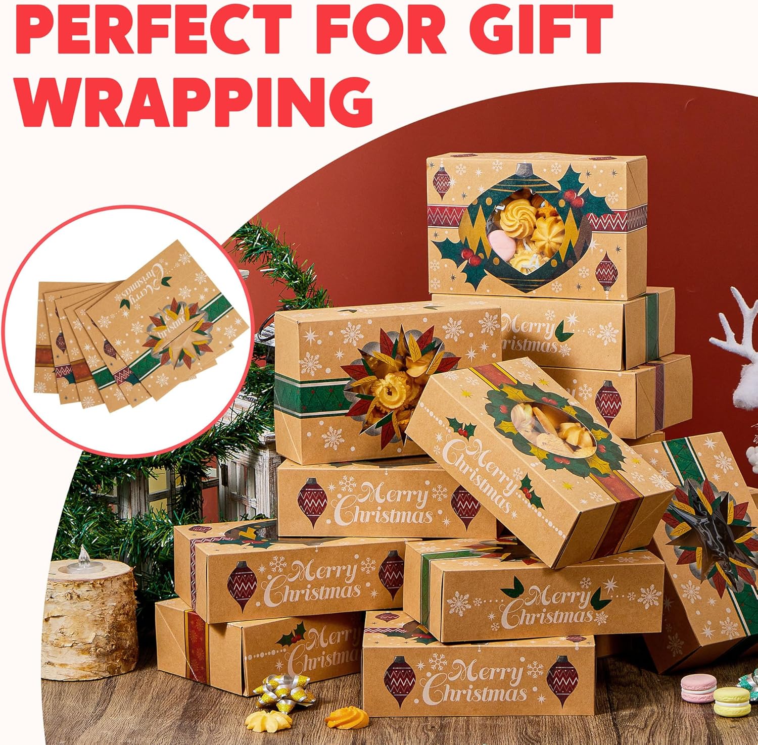 JOYIN 24PCS Christmas Cookie Boxes for Gift Giving, 8.75" x 5.75" x 2.75" Xmas Holiday Bakery Treat Boxes with Window, Kraft Cookie Tin Containers Box for Baked Goods, Cupcake, Pastry, Candy, Brownies