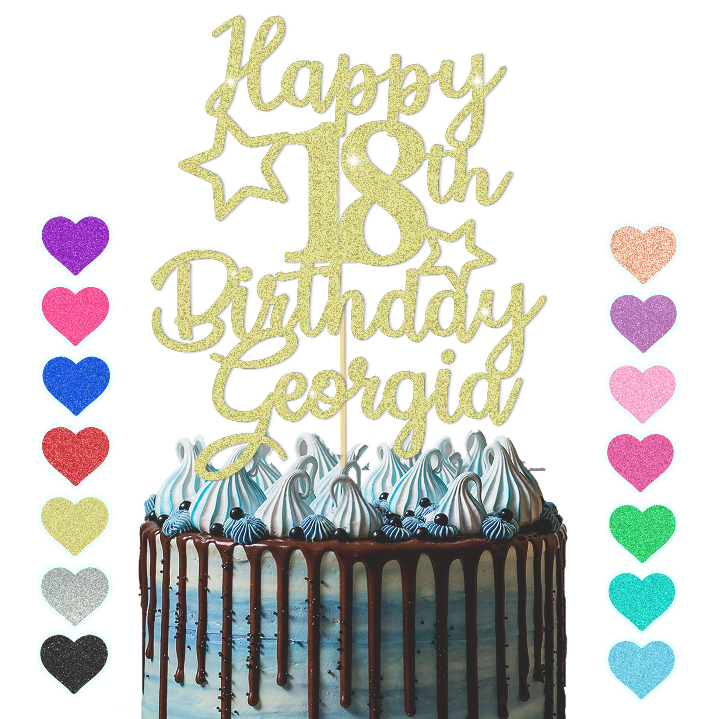 GuteGifts Personalised Happy Birthday Cake Topper | Custom Party Decoration with Any Name Age | Multicolour Glitter Cake Topper 13th 16th 18th 21st 30th 50th 60th 80th Handmade in UK (Gold)