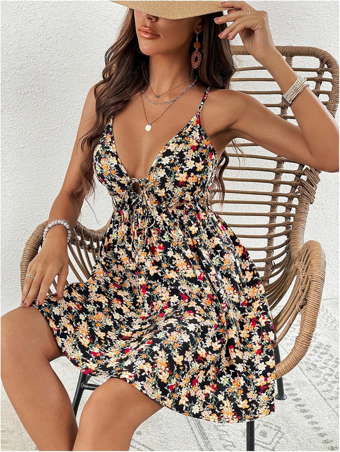 Milumia Women's V Neck Floral Cami Dress Cut Out Tie Front Criss Cross Backless Short Dresses - Image 2